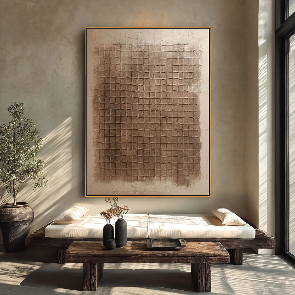 Ancient Texture – Earthy Tone Plaster Relief Grid Wabi-Sabi Painting | Japandi Organic Wabi-Sabi Living Room & Hallway Art