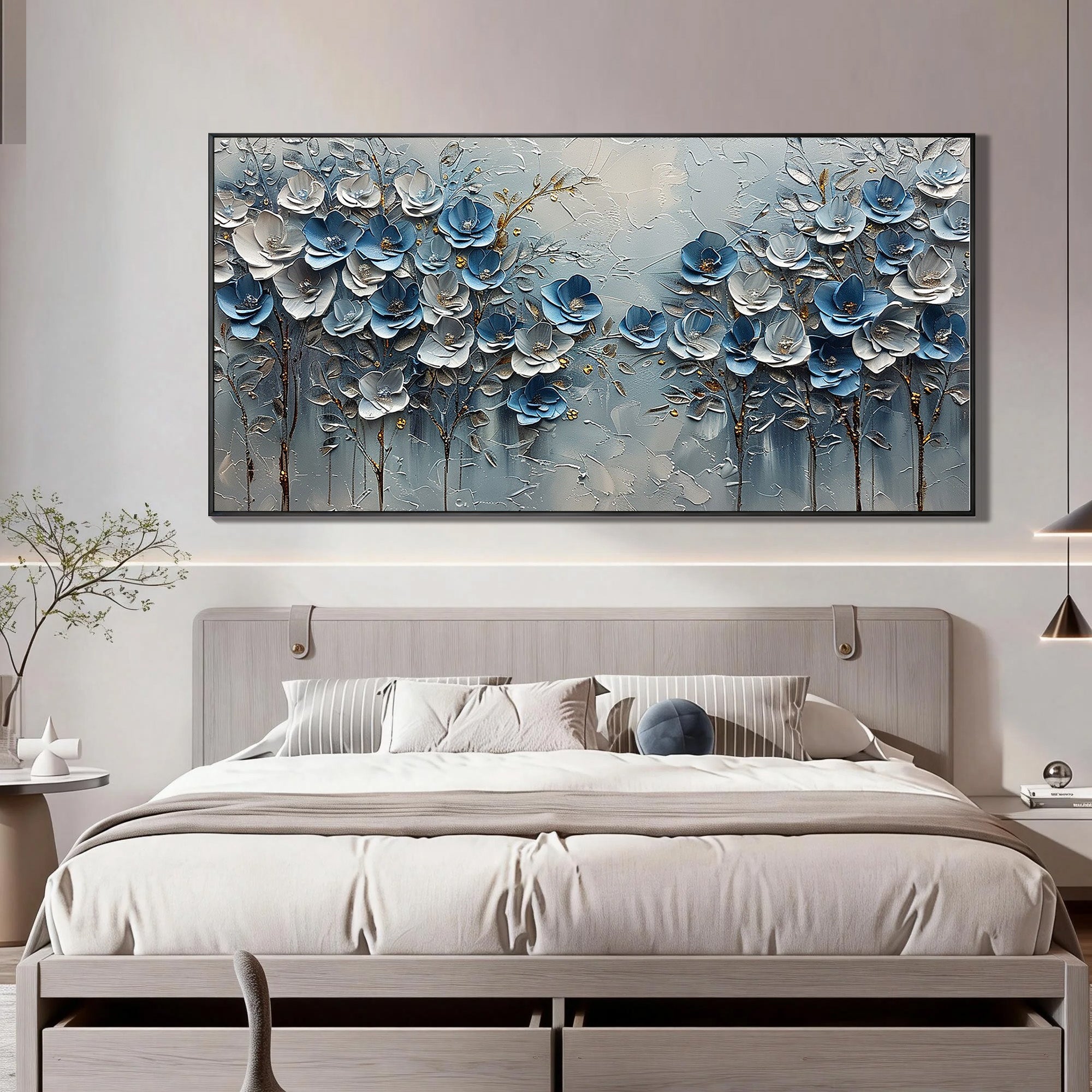 Cerulean Bloom – Hand-Painted Blue and White 3D Textured Palette Knife Floral Painting | Contemporary Botanical Bedroom & Living Room Art