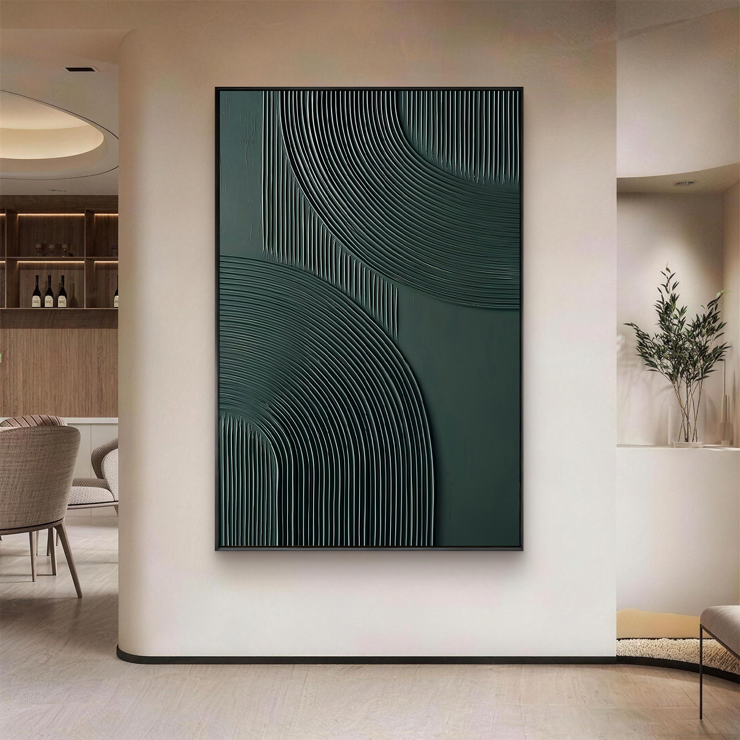 Forest Whispers – Mid-Century Modern Deep Green Textured Painting | Geometric Ribbed Plaster Hallway Art