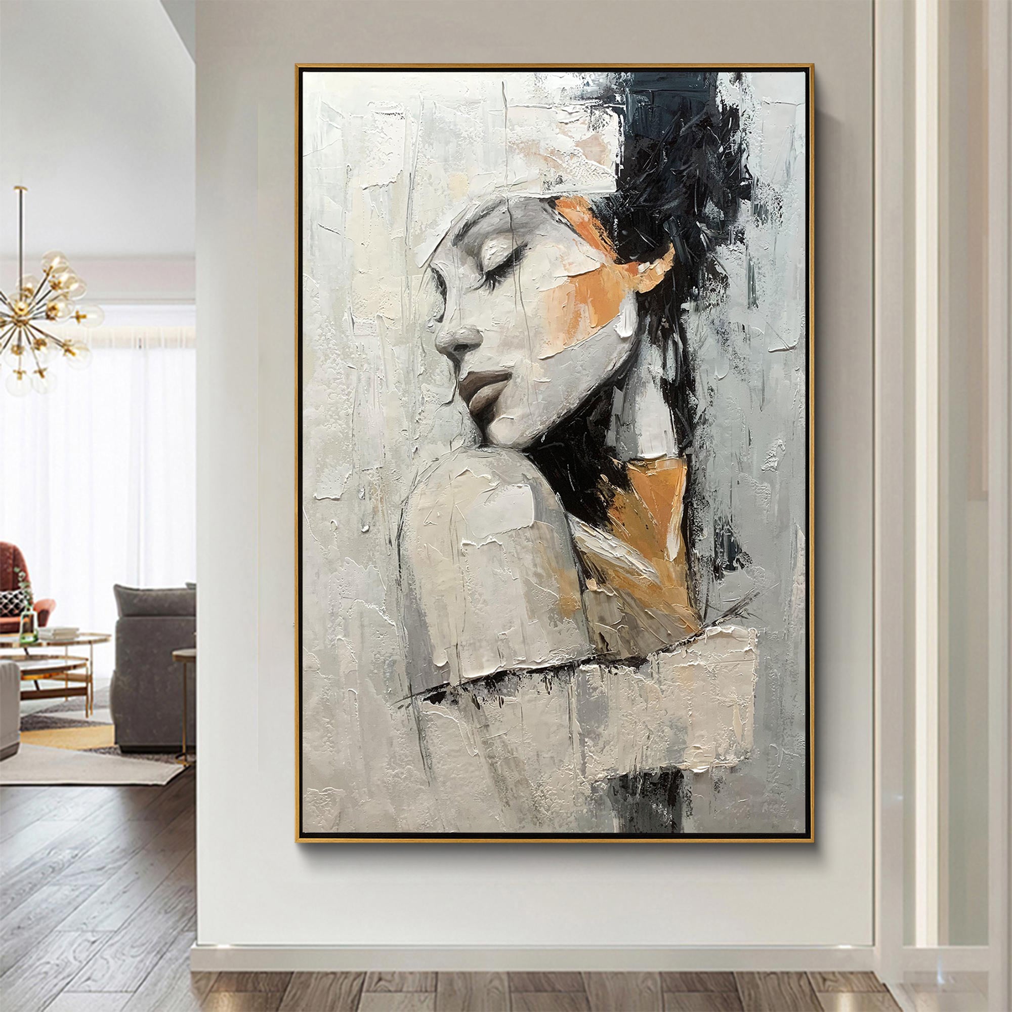 Silent Contemplation – Modern Luxury Expressionist Portrait Textured Painting | Premium Gray Bedroom Art