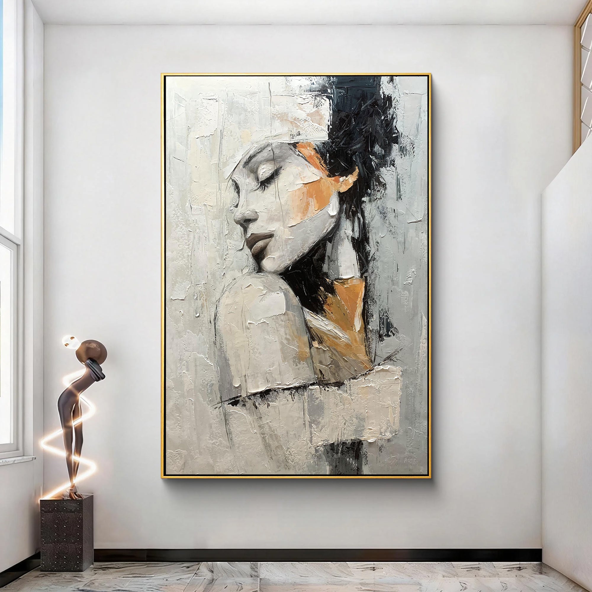 Silent Contemplation – Modern Luxury Expressionist Portrait Textured Painting | Premium Gray Bedroom Art