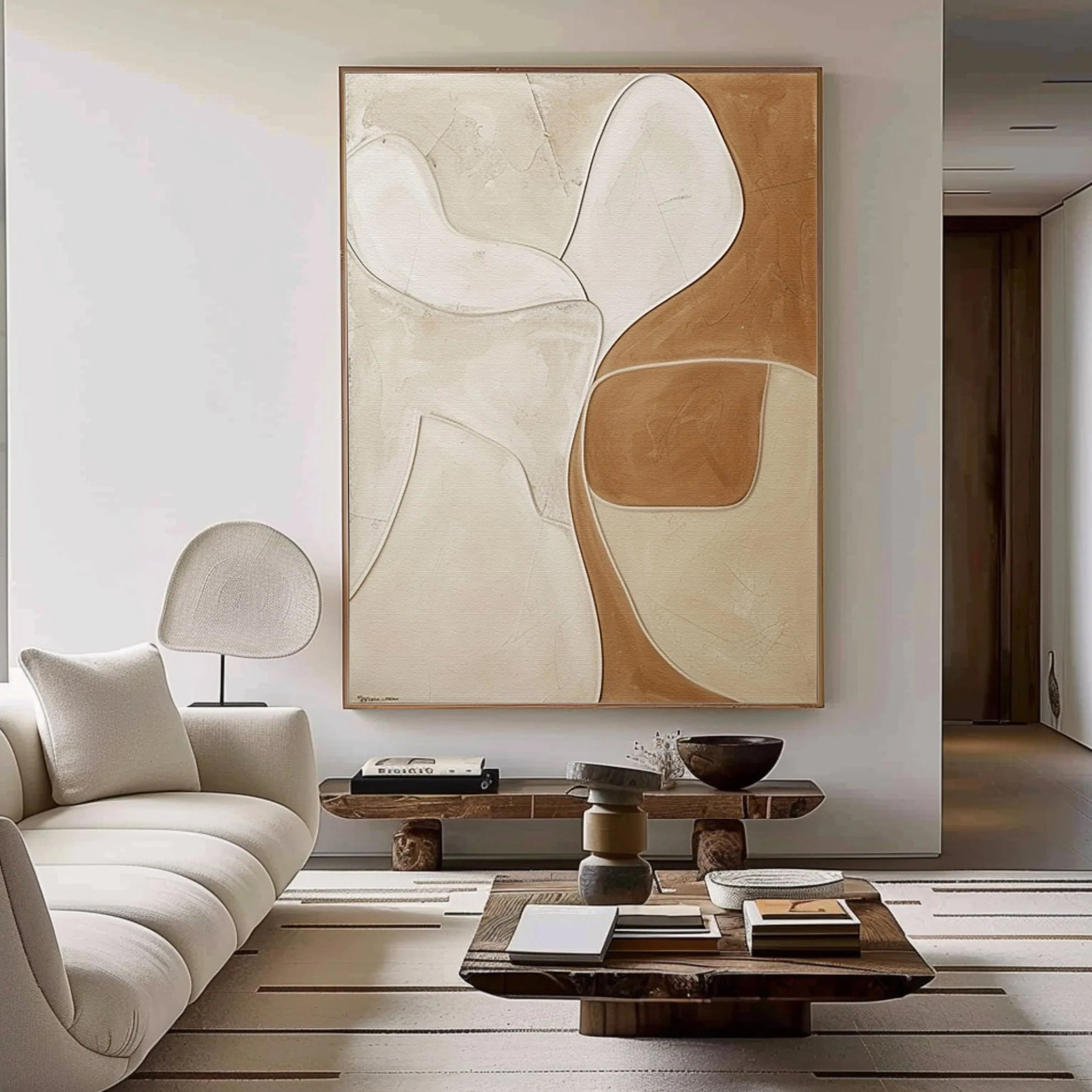 CREAMY CONTOUR: Texture Wall Art, Hand-Painted Minimalist Neutral Beige and Tan Plaster Effect Relief Studio Art