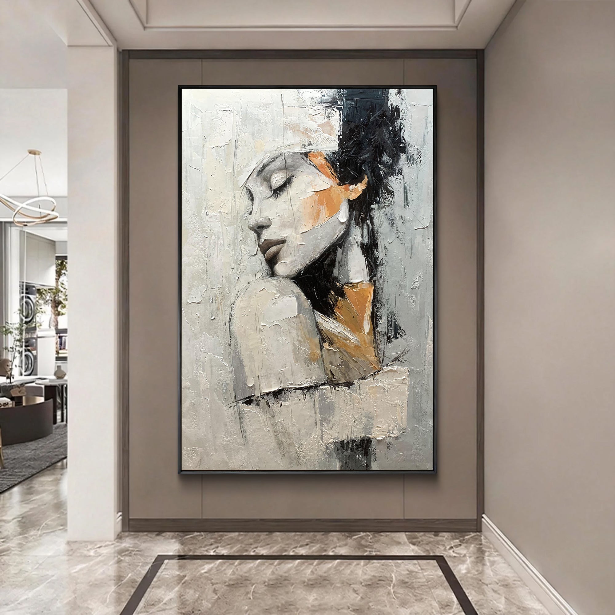 Silent Contemplation – Modern Luxury Expressionist Portrait Textured Painting | Premium Gray Bedroom Art
