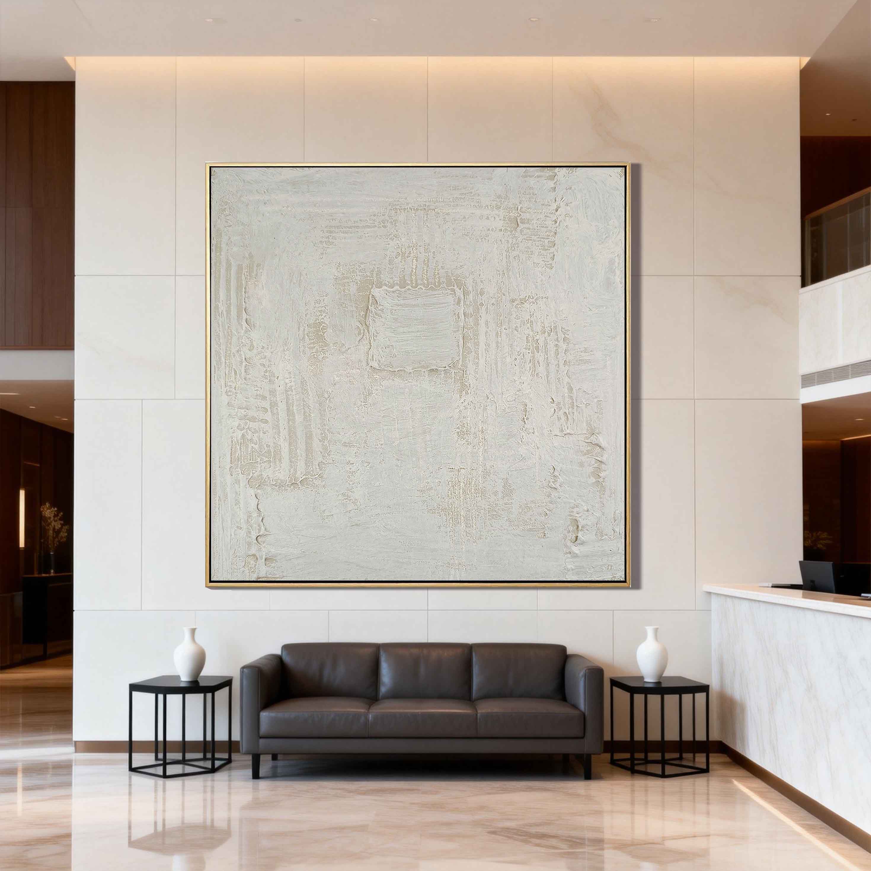 Ancient Square – Cream White Plaster Relief Wabi-Sabi Painting | Japandi Organic Wabi-Sabi Living Room & Hallway Art