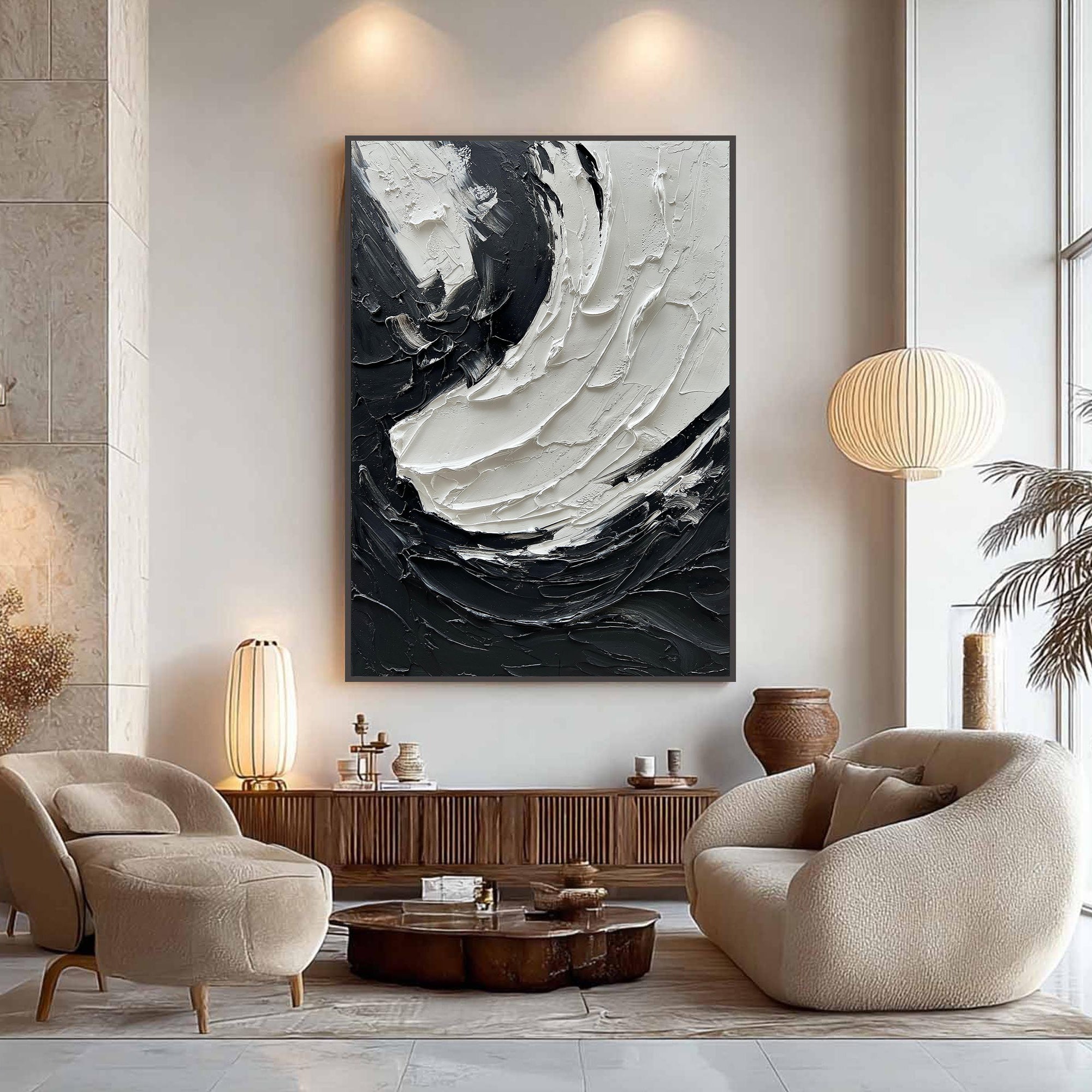ZEN FLOW: 3D Heavy Texture Black and White Wall Art, Modern Impasto Swirl Relief