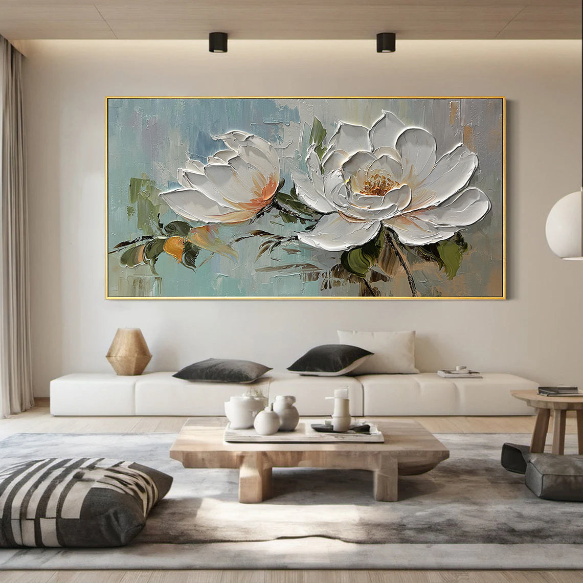 Magnolia Calm – Modern French Luxury Magnolia Floral Textured Painting | Large Horizontal Bedroom Art