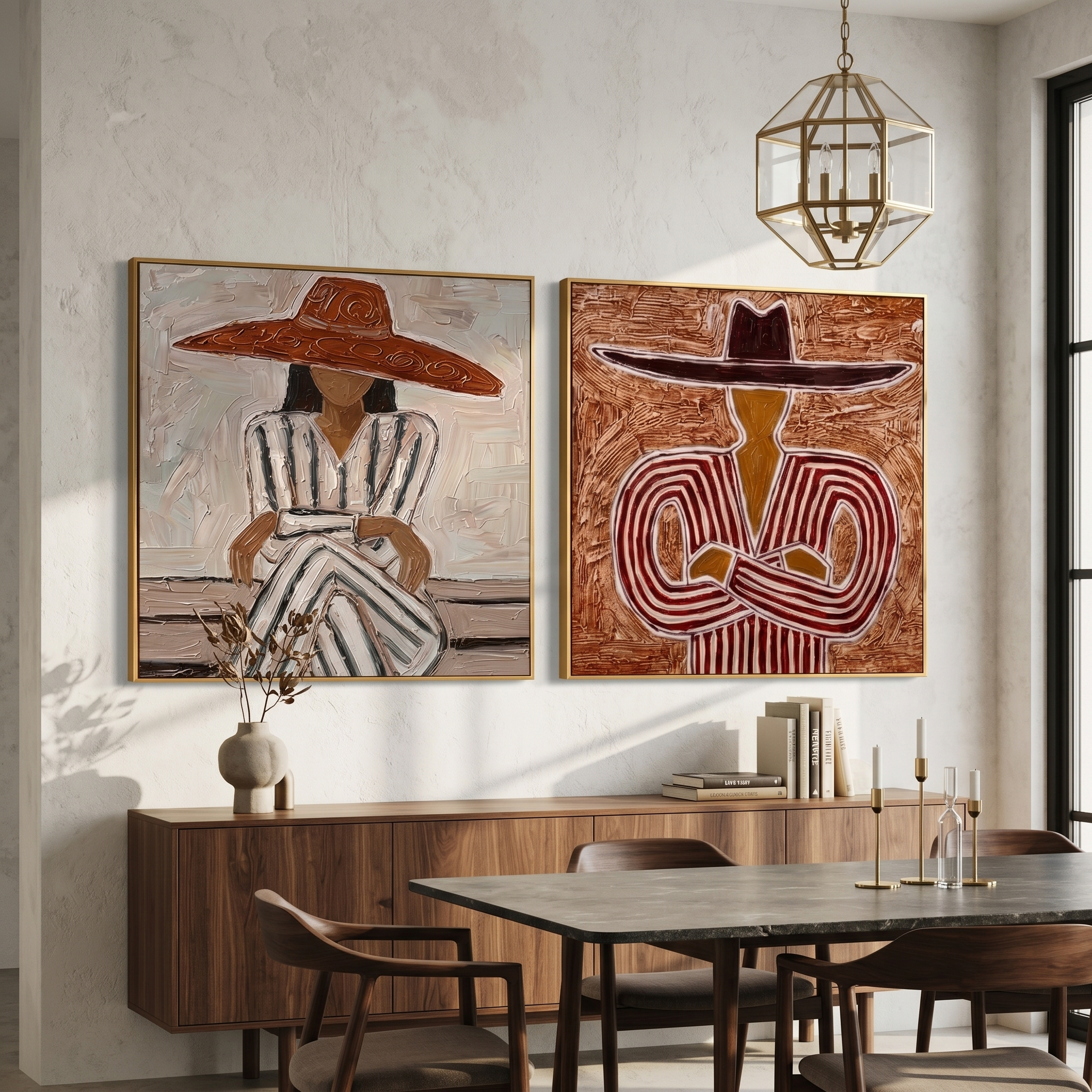The Sienna Pair – Vintage Americana Diptych Sombrero Portrait Painting | Bold Rustic Living Room Art