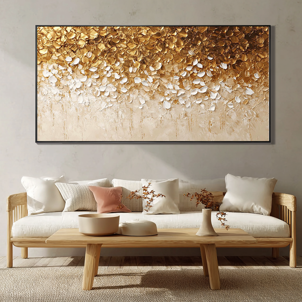 Golden Cascade – Hand-Painted Gold Foil and White 3D Textured Glitter Plaster Floral Painting | Modern Luxury Botanical Bedroom & Living Room Art