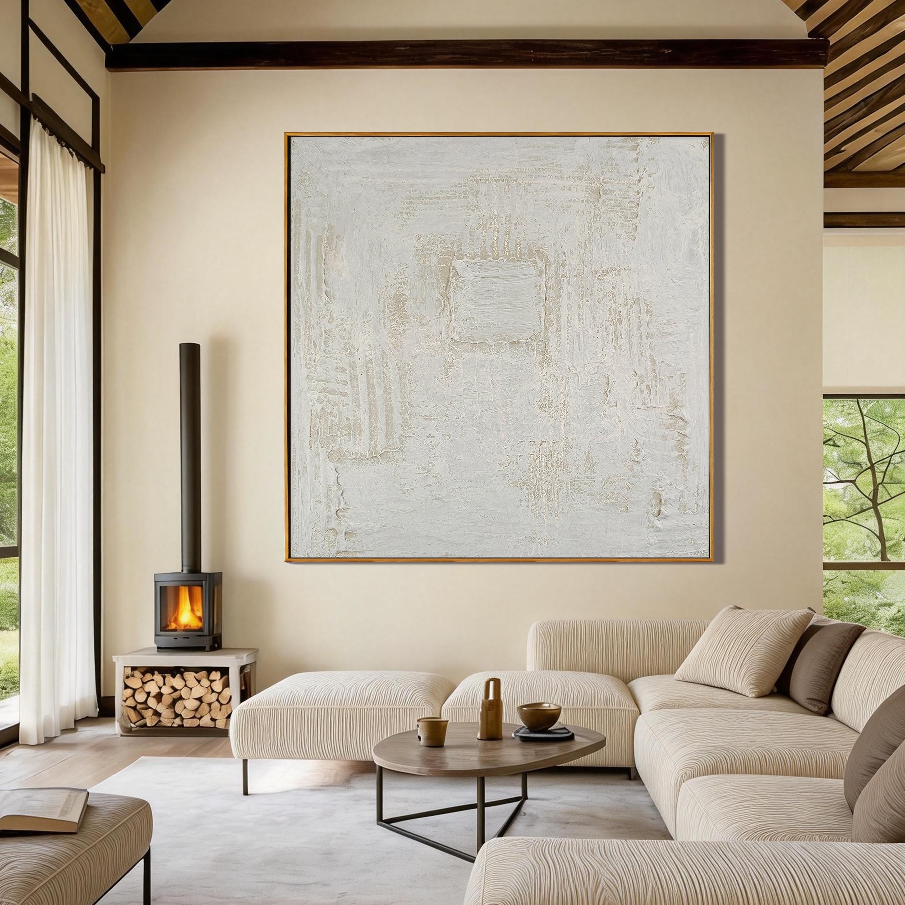 Ancient Square – Cream White Plaster Relief Wabi-Sabi Painting | Japandi Organic Wabi-Sabi Living Room & Hallway Art