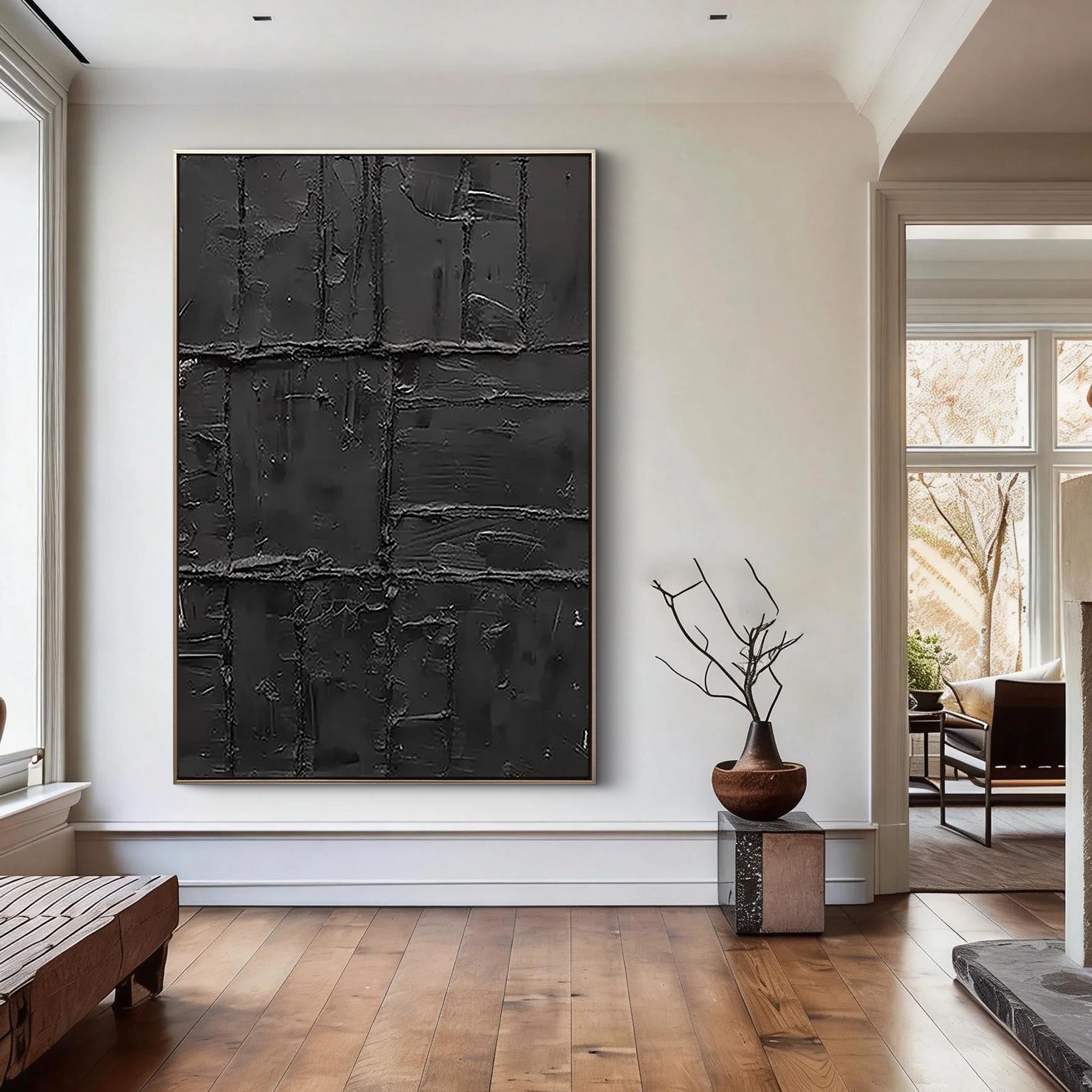 Noir Vestige – Hand-Painted All-Black Distressed Plaster Effect Relief Wabi-Sabi Painting | Modern Noir Wabi-Sabi Living Room & Home Office Art