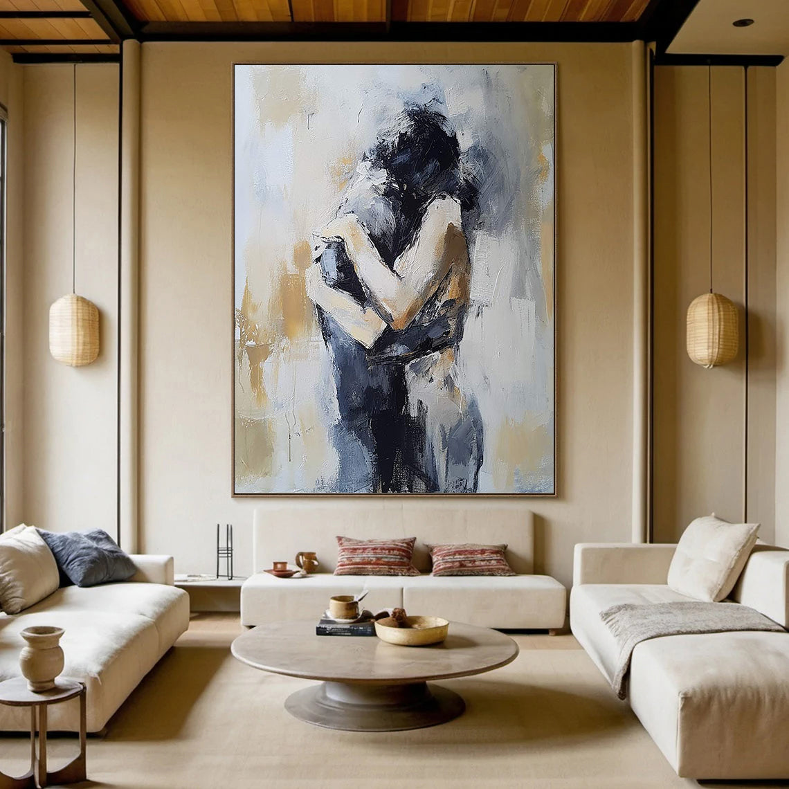 Silent Embrace – Heavy Texture Couple Silhouette Portrait Painting | Contemporary Expressionist Living Room & Office Art