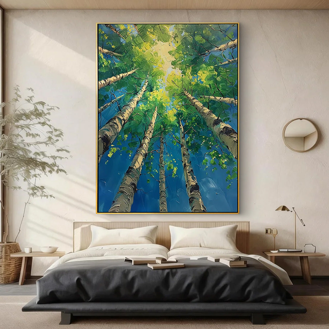 Azure Birch – Hand-Painted Looking Up Birch Forest Blue Sky Palette Knife Thick Nature Painting | Coastal Modern Living Room & Bedroom Art