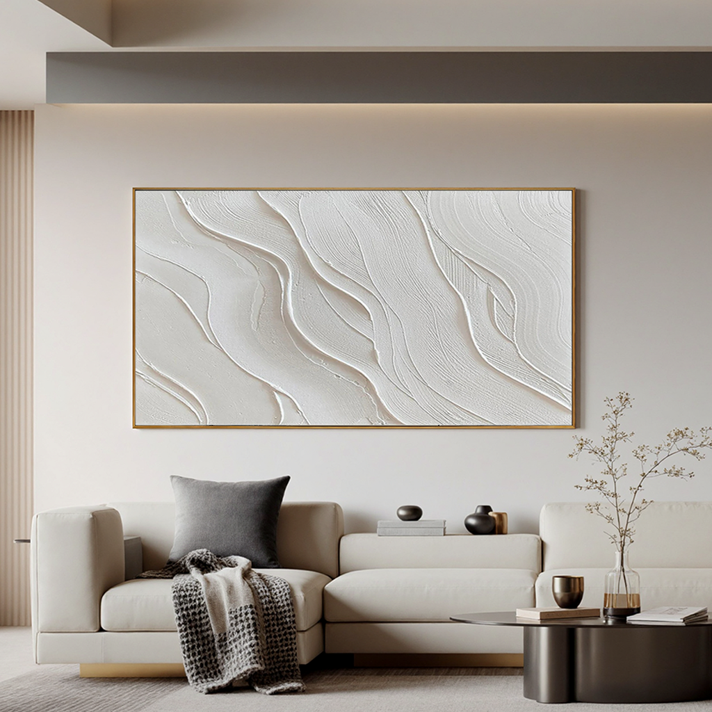 ZEN RIPPLE: Minimalist Wall Art, Hand-Painted Horizontal Neutral Beige Fluid Plaster Lines 3D Textured Gallery Art