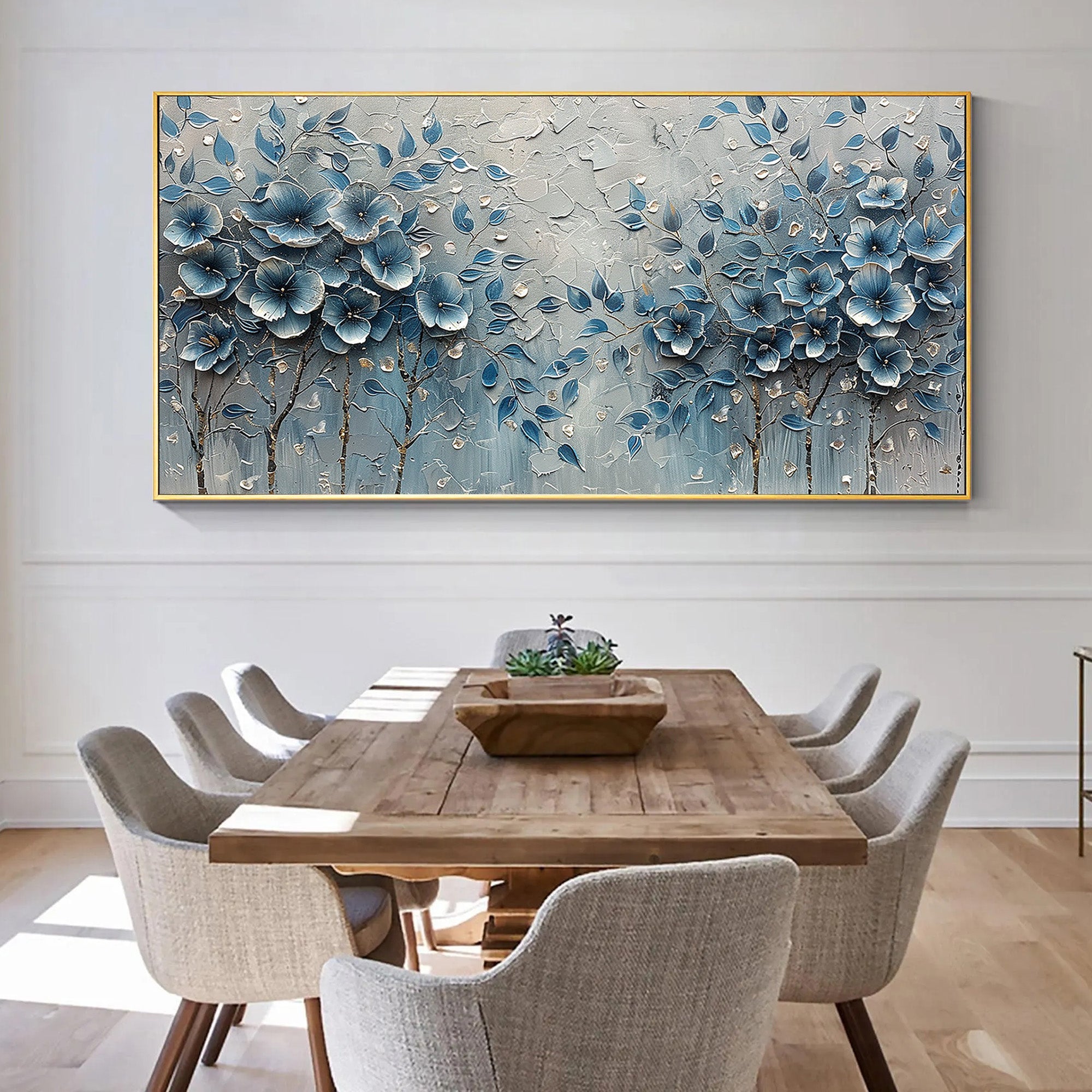 MIDNIGHT NAVY: Panoramic Heavy Texture Floral Oil Painting, 3D Blue Flower Wall Art