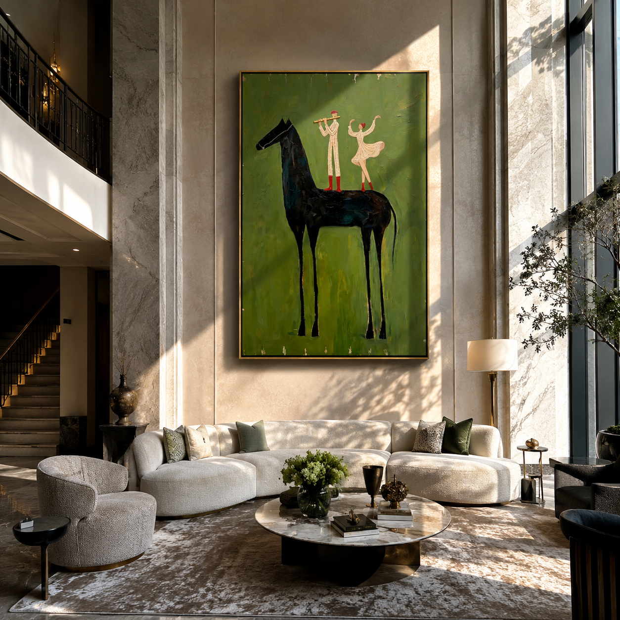 The Forest Serenade – Magical Realism Olive Green Painting | Whimsical Vertical Dining Room Art