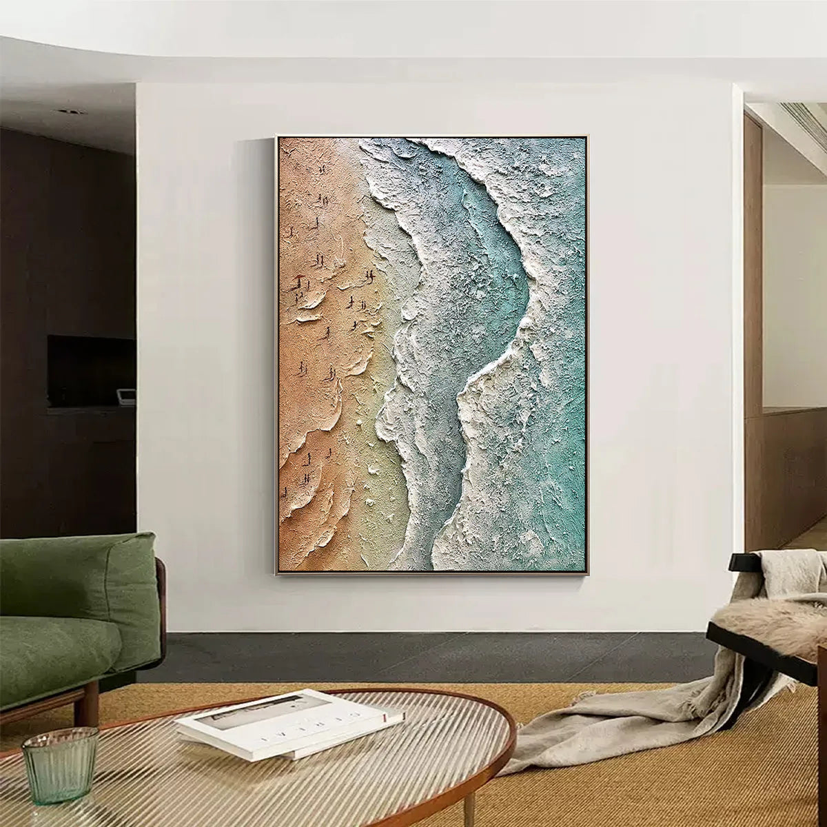 COASTAL RHYTHM: Seascape Wall Art, Hand-Painted Sandy Beach Ocean Wave Relief Textured Gallery Art