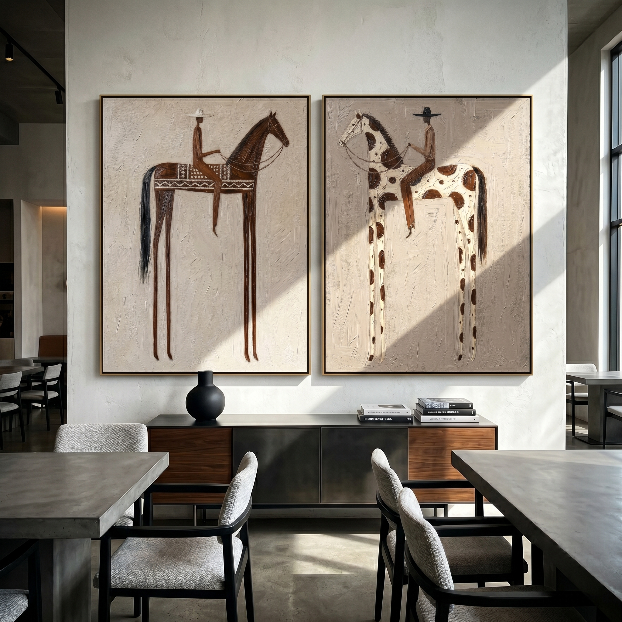 Warm Plain Diptych – Vintage Americana Two Folk Riders Two-Panel Painting | Rustic Modern Living Room Art