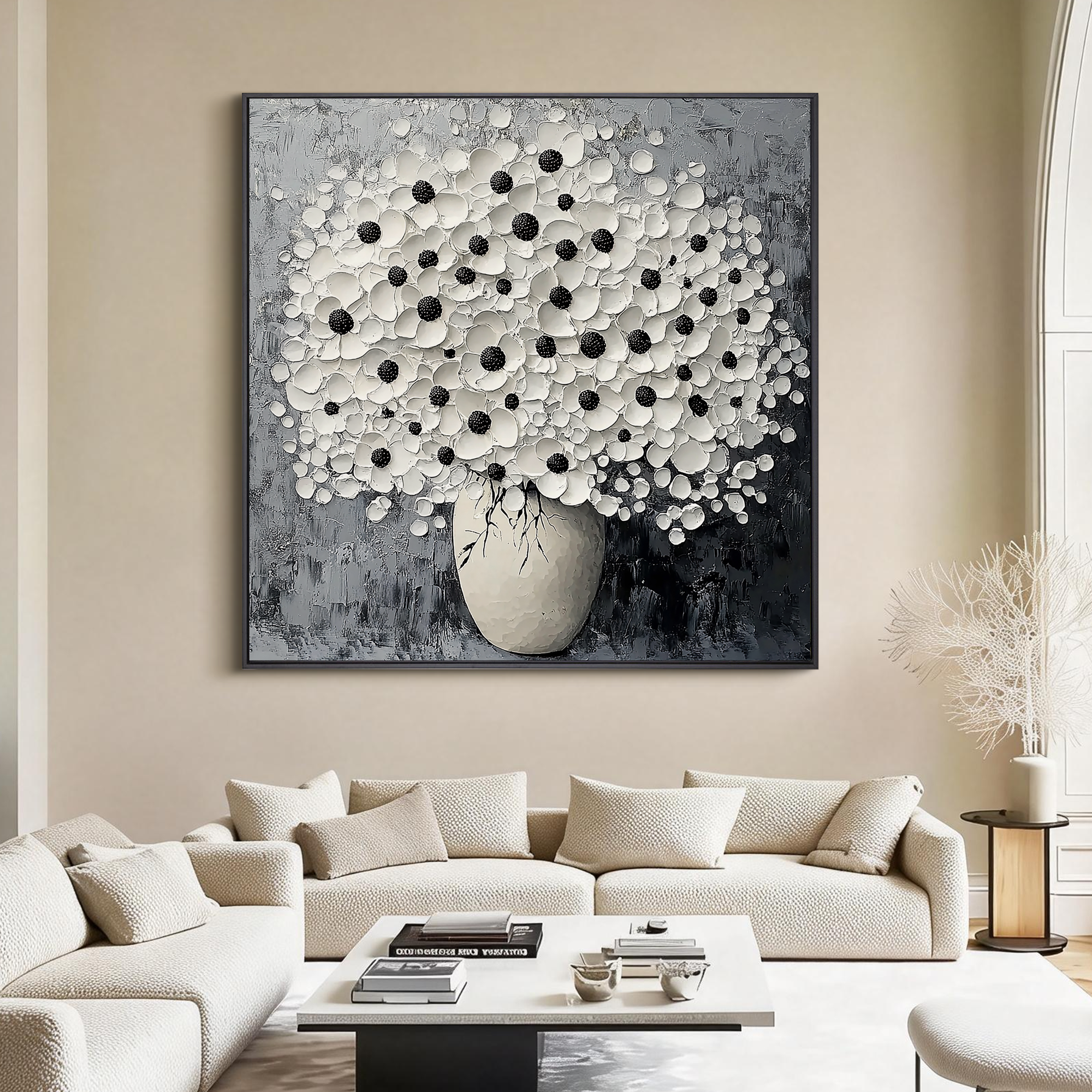 Monochrome Bloom – Modern Textured Black and White Floral Painting | Minimalist Impasto Still Life Vase Hallway Art