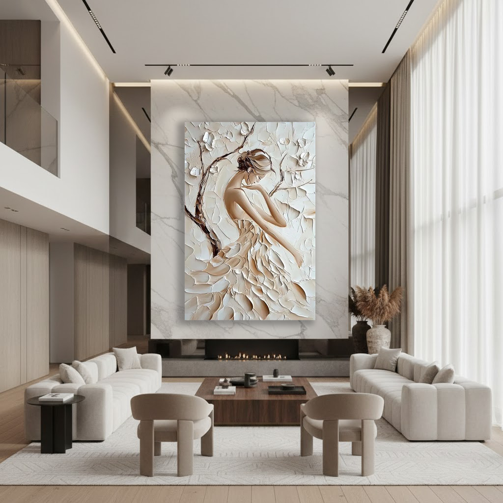 Elegance in Bloom – Modern French Luxury Creamy Textured Painting | Petal Dress Lady Bedroom Art