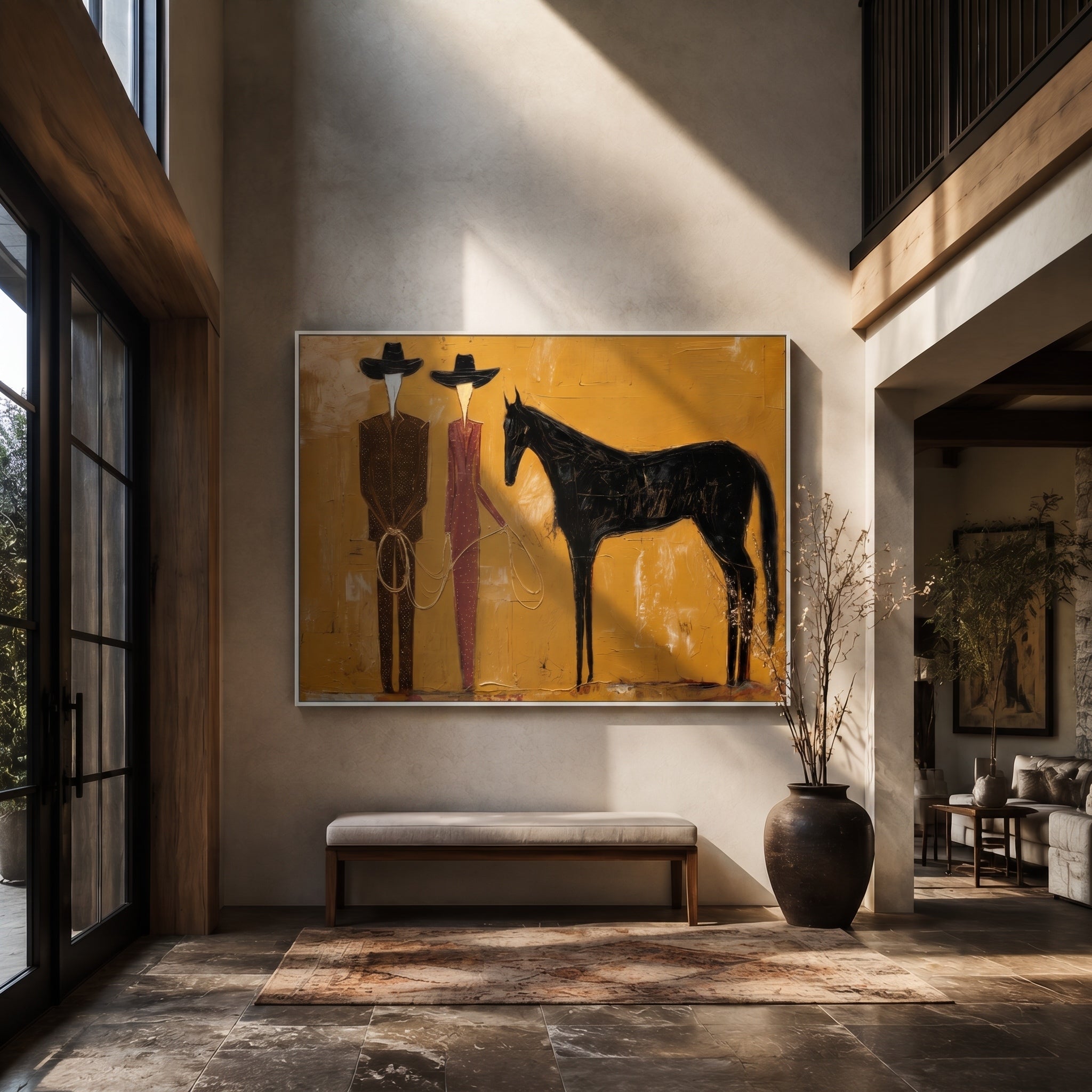 Whispers of the Wild – Avant-Garde Faceless Figures & Horse Textured Painting | Minimalist Luxury Living Room Art
