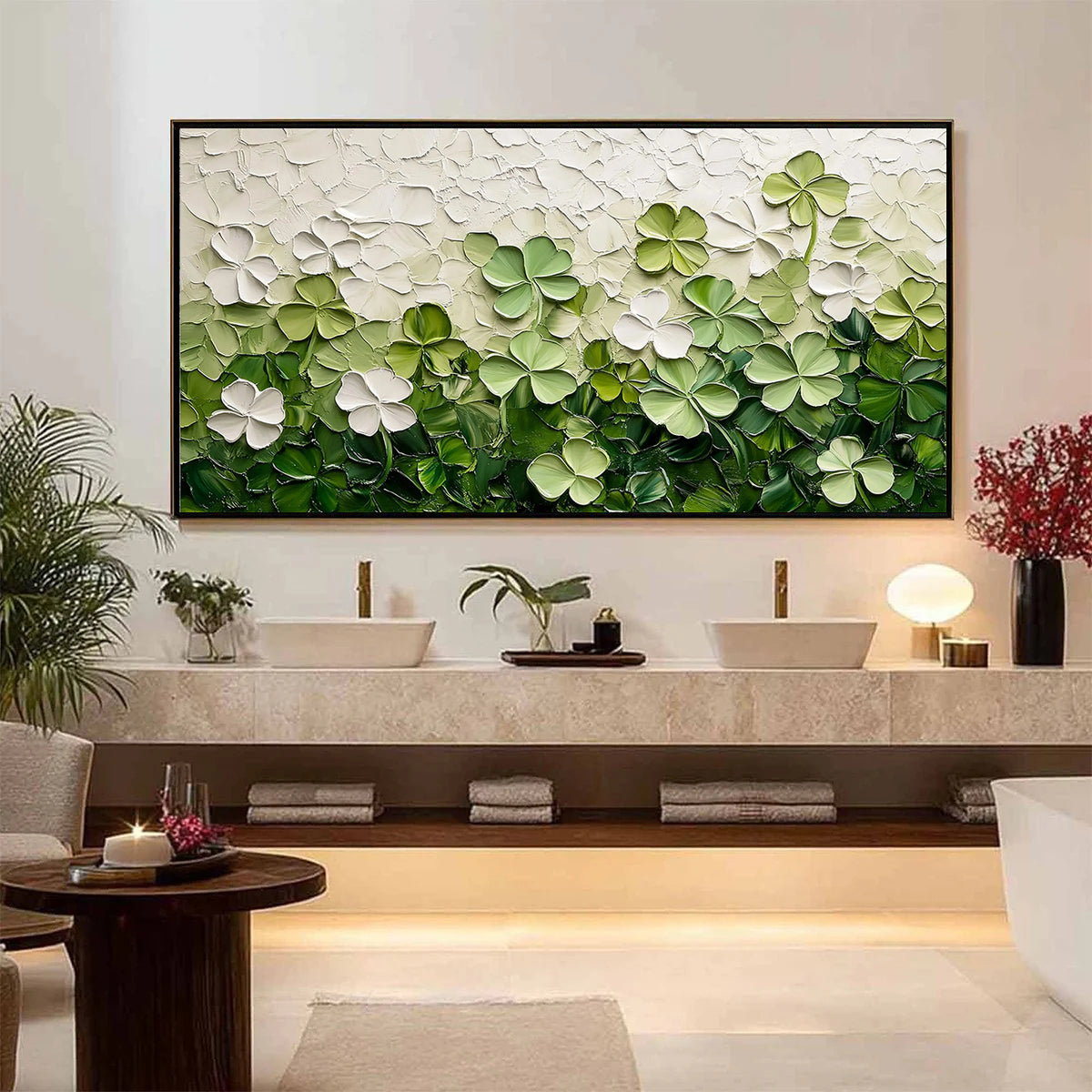 Lucky Meadow – Hand-Painted Green Clover Field Palette Knife Layered Floral Painting | Tropical Botanical Bedroom & Dining Room Art