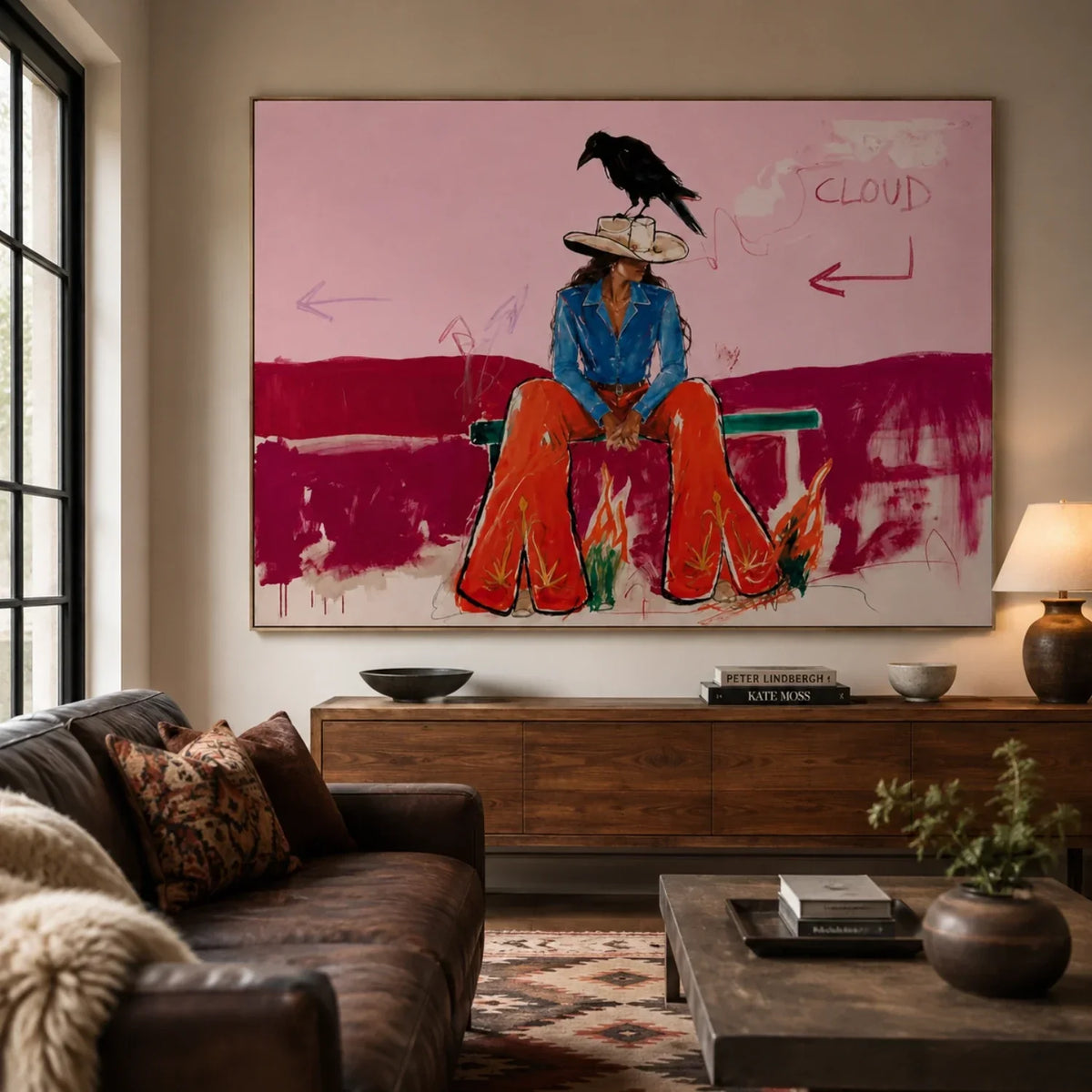 Cowgirl Waits Below Clouds – Pop Art Seated Cowgirl Painting | Pink Horizontal Western Wall Art