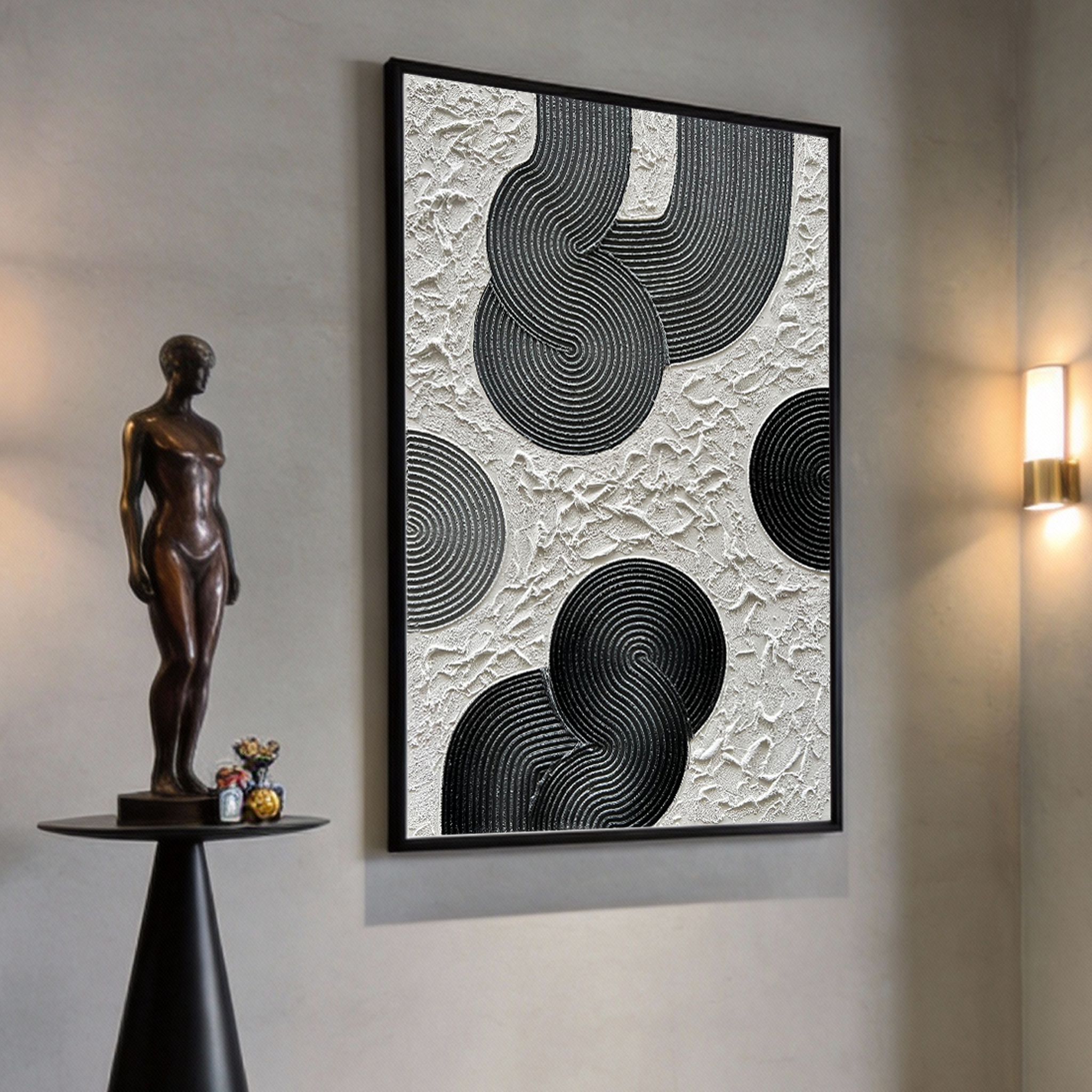 Zen Circles – Minimalist Black & White Sculptural Wabi-Sabi Painting | Modern Noir Wabi-Sabi Living Room & Home Office Art