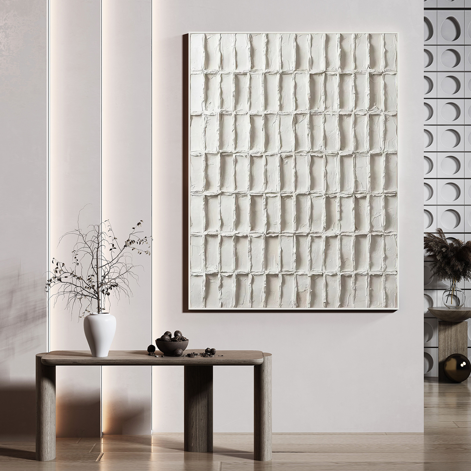 Poetry of Order – Minimalist Textured Grid Painting | Modern Wabi-Sabi Plaster Geometric Entryway Art