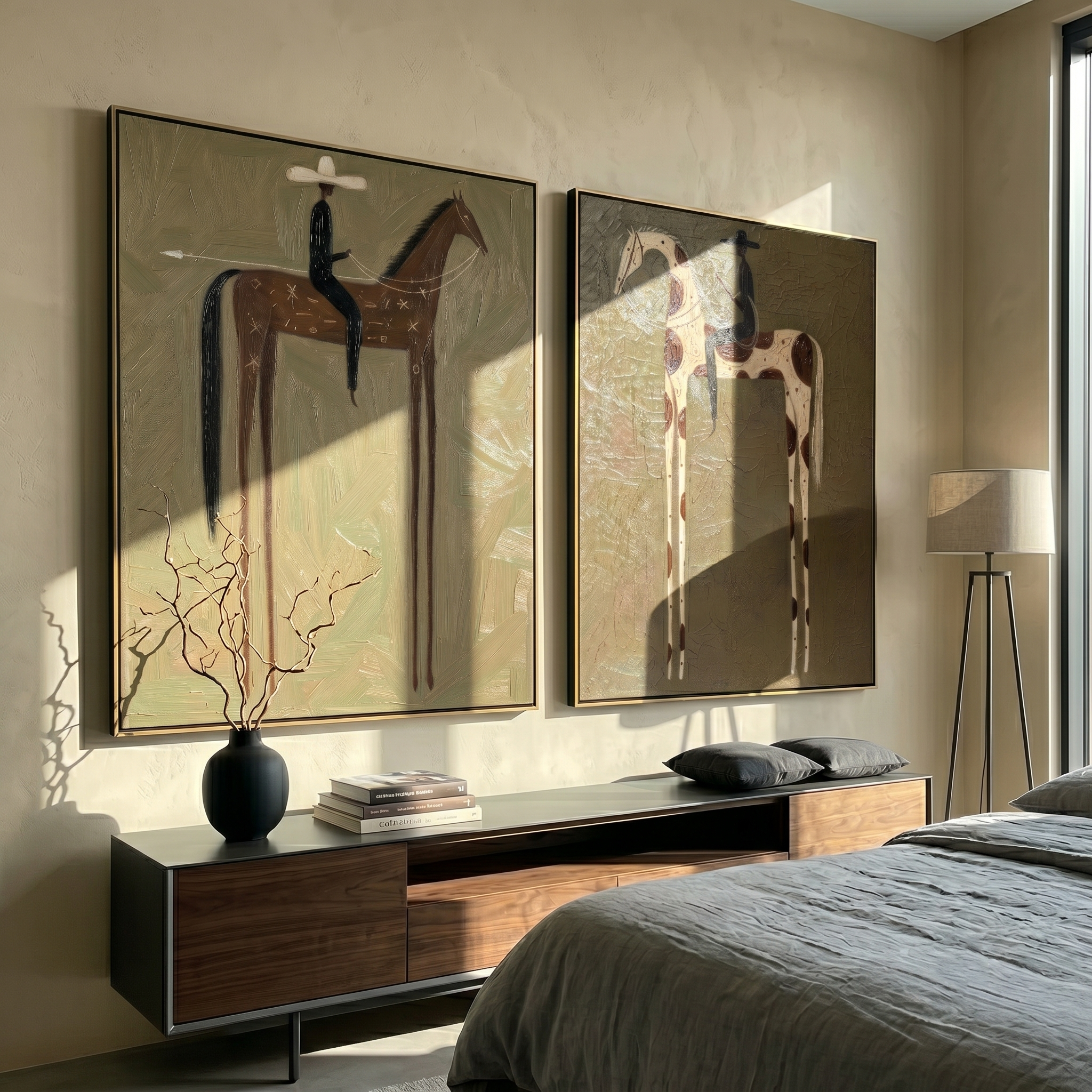 Olive Pair Diptych – Vintage Americana Two Folk Riders Two-Panel Painting | Wabi-Sabi Living Room Art
