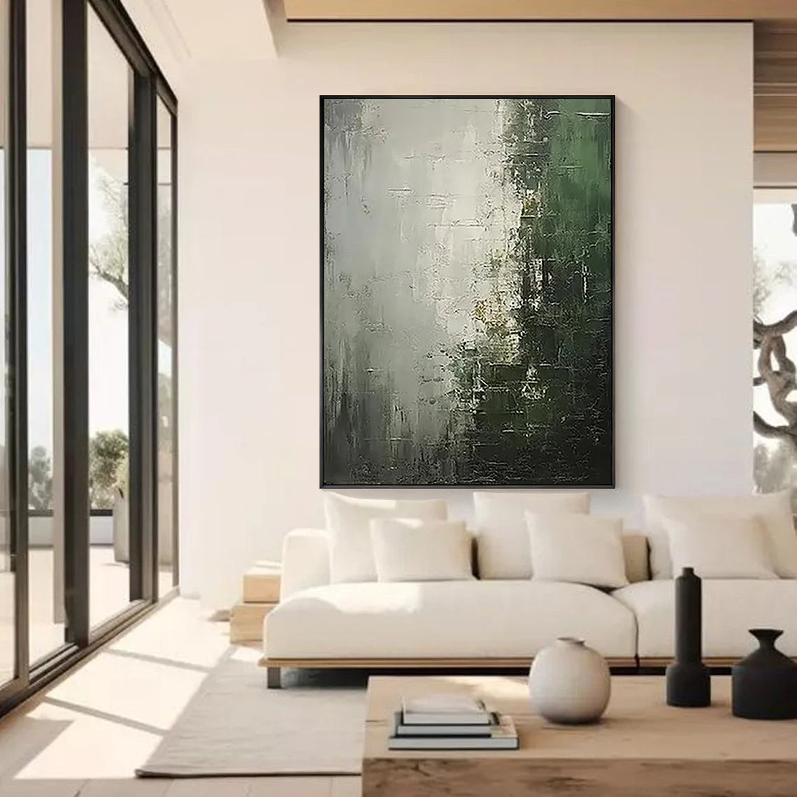 Forest Mist – Hand-Painted Dark Green and Grey Plaster Effect Wabi-Sabi Painting | Contemporary Landscape Living Room & Dining Room Art