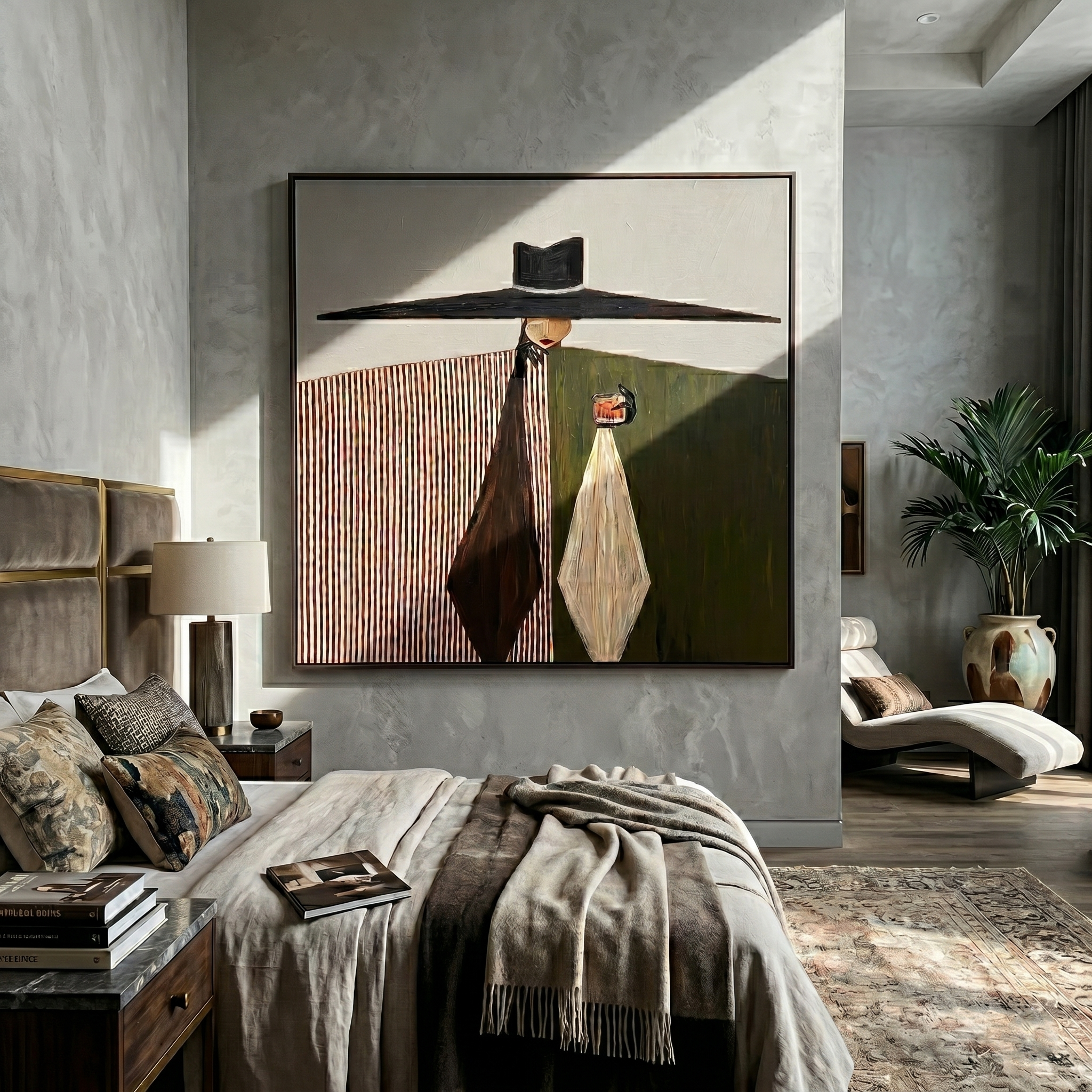 The Midnight Monologue – Surrealistic Modern Woman with Over-sized Hat Painting | Retro Elegant Living Room Art