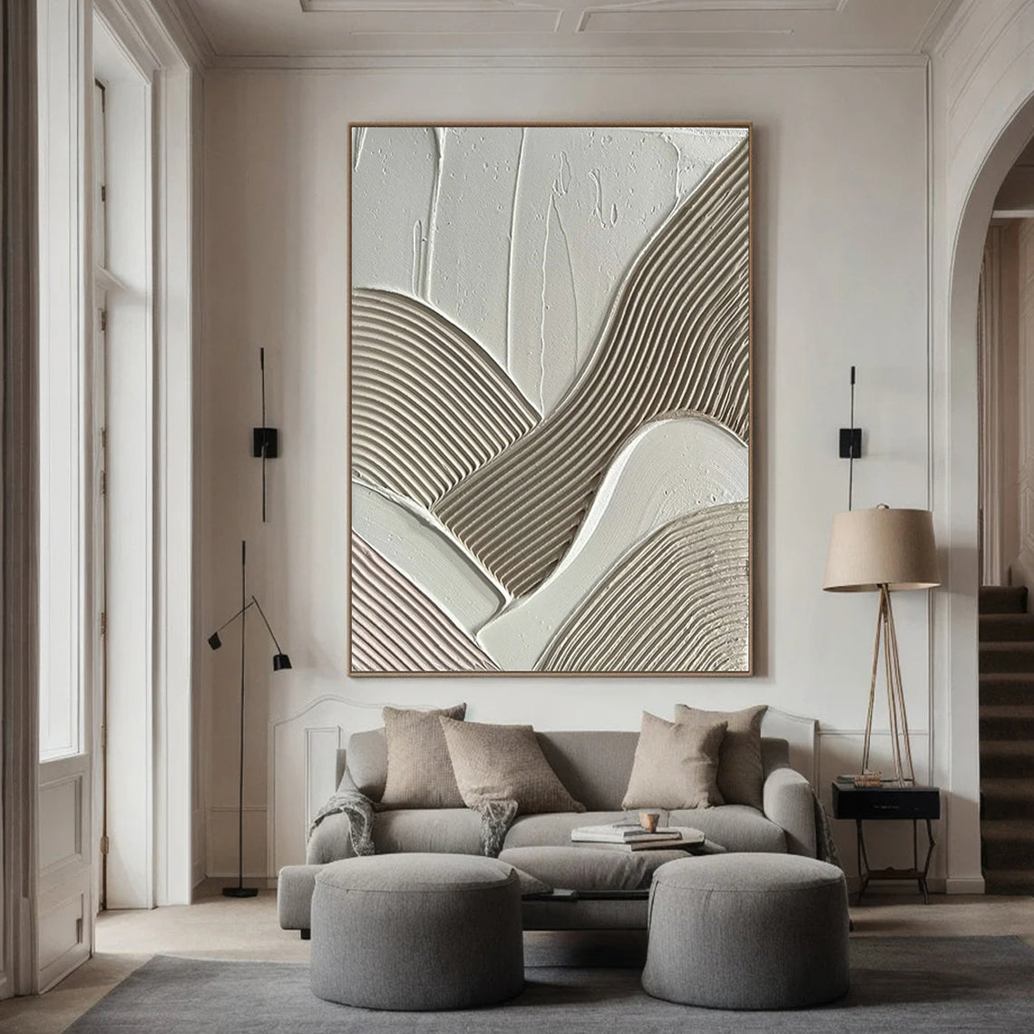 Geometric Flow – Hand-Painted Neutral Multi-Directional Plaster Relief Texture Painting | Modern Abstract Living Room & Office Art