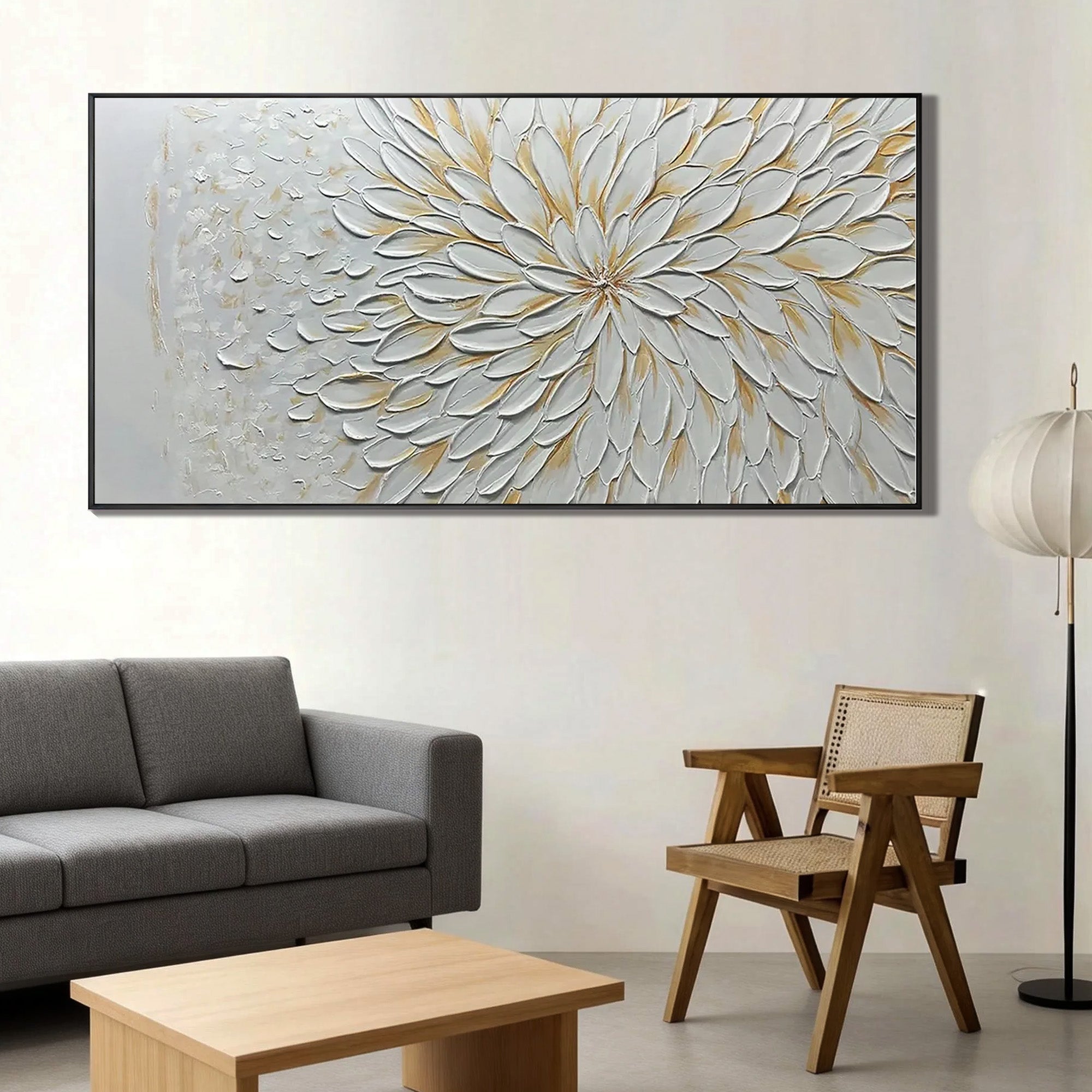 Eternal Radiance – 3D Impasto White Sunburst Heavy Texture Hand-Painted Floral Painting | Contemporary Botanical Bedroom & Living Room Art