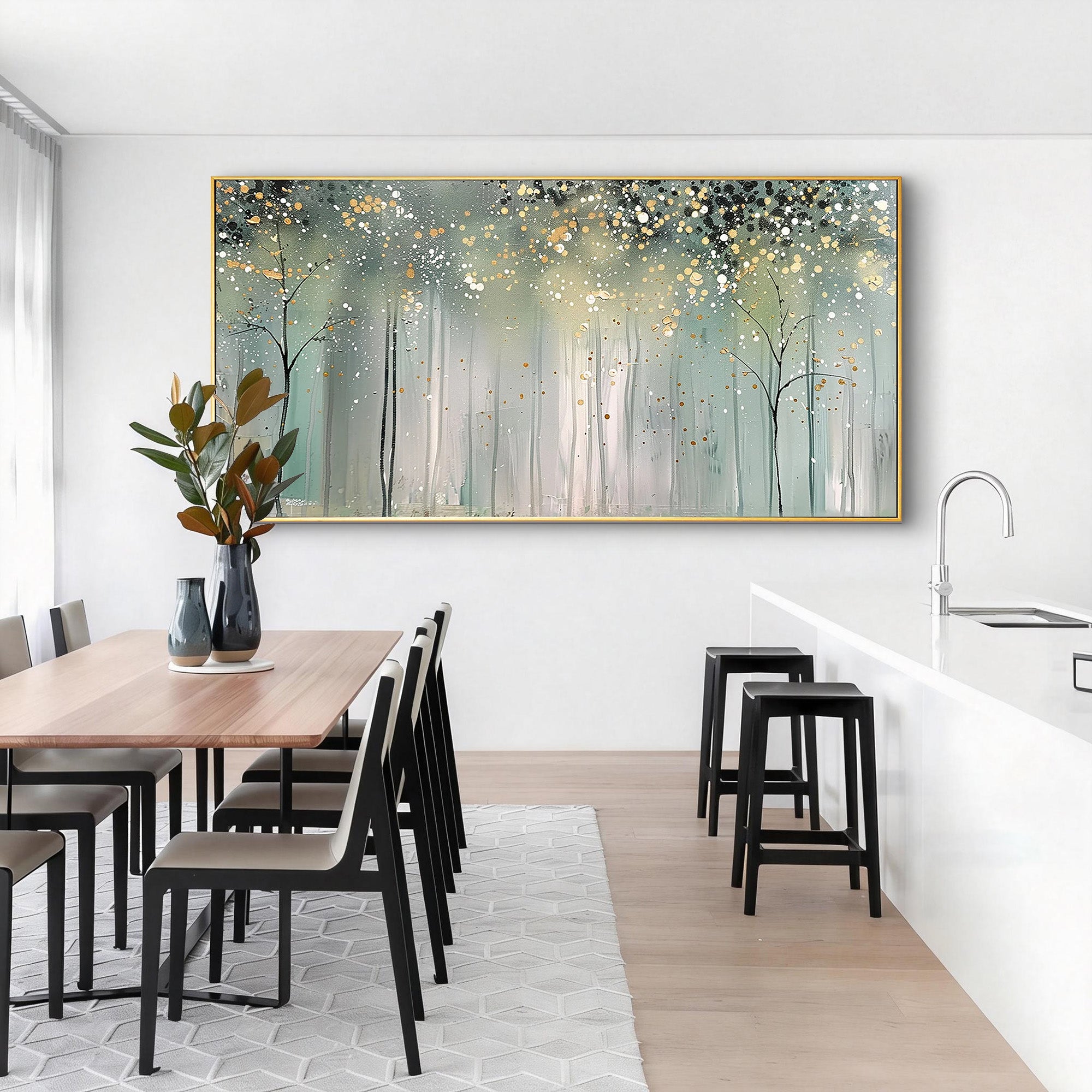 Stardust Forest – Hand-Painted Abstract Gold Pointilism Forest Scene Landscape Painting | Contemporary Landscape Living Room & Dining Room Art