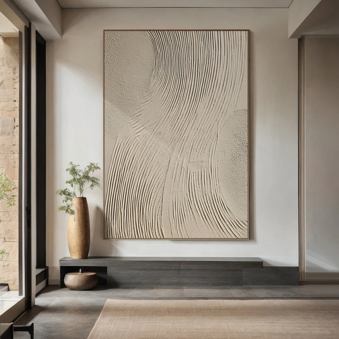 Zen Rhythm – Hand-Painted Minimalist Beige Plaster Effect Relief Wabi-Sabi Painting | Japandi Organic Wabi-Sabi Living Room & Hallway Art