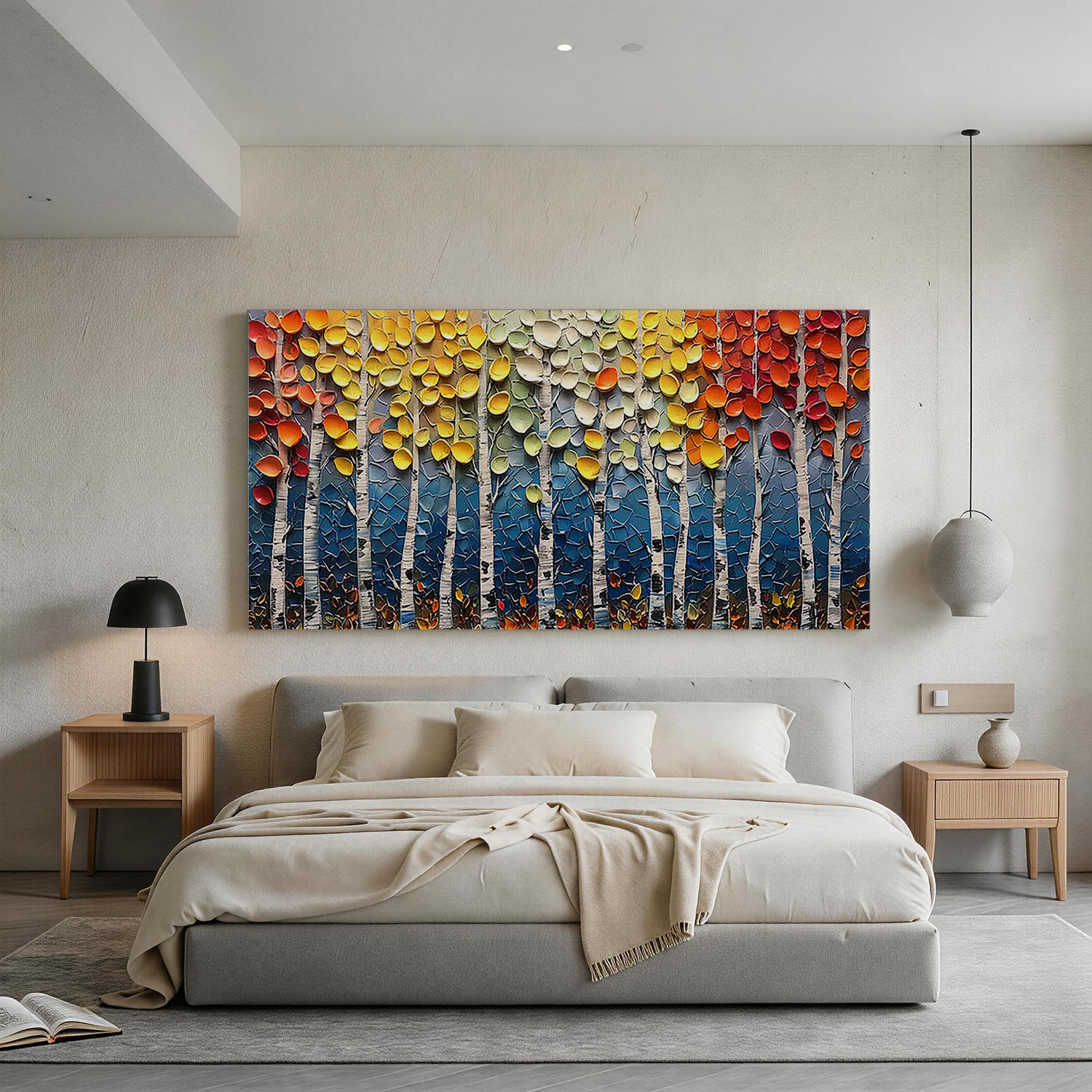 Autumn Symphony - Modern Impasto Vibrant Birch Forest Art | Cozy Living Room Panoramic Wall Decor