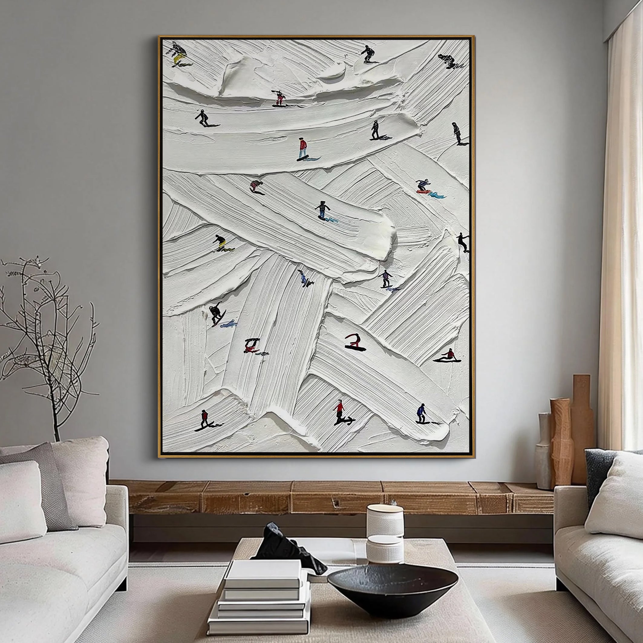 Winter Crossing – Hand-Painted Minimalist Skiing Athletes 3D Plaster Effect Sport Painting | Contemporary Sport Home Office & Living Room Art