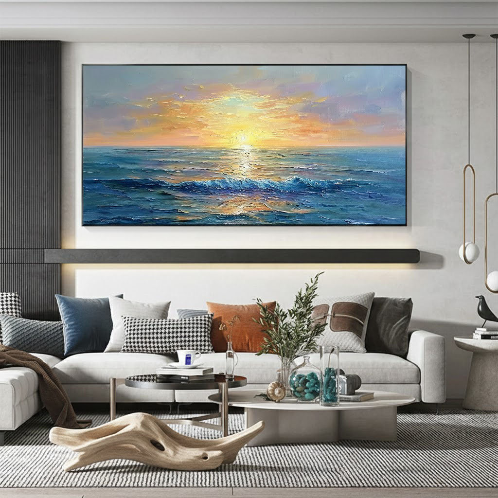 Golden Horizon – Ocean Sunset Wave Heavy Texture Hand-Painted Impressionist Seascape Painting | Coastal Modern Living Room & Bedroom Art
