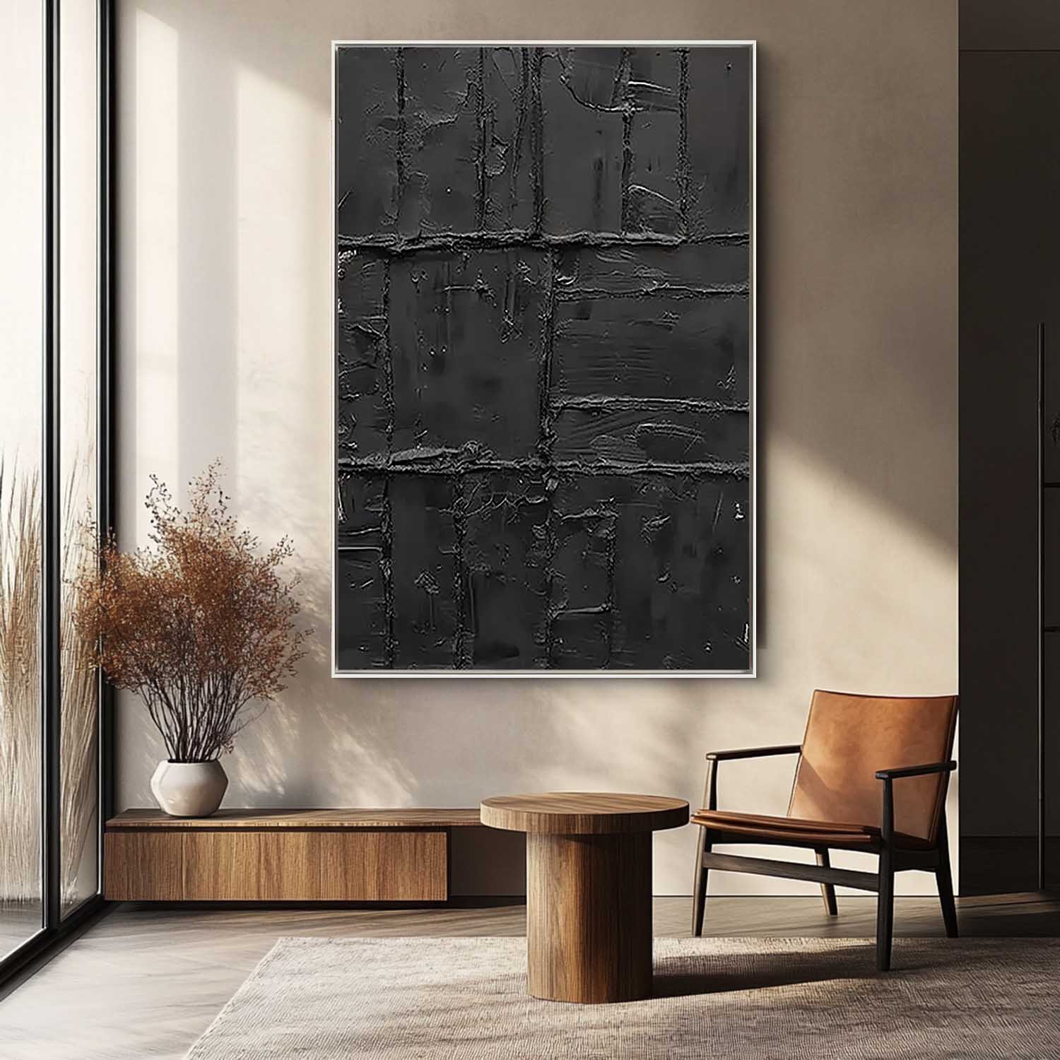 Noir Vestige – Hand-Painted All-Black Distressed Plaster Effect Relief Wabi-Sabi Painting | Modern Noir Wabi-Sabi Living Room & Home Office Art