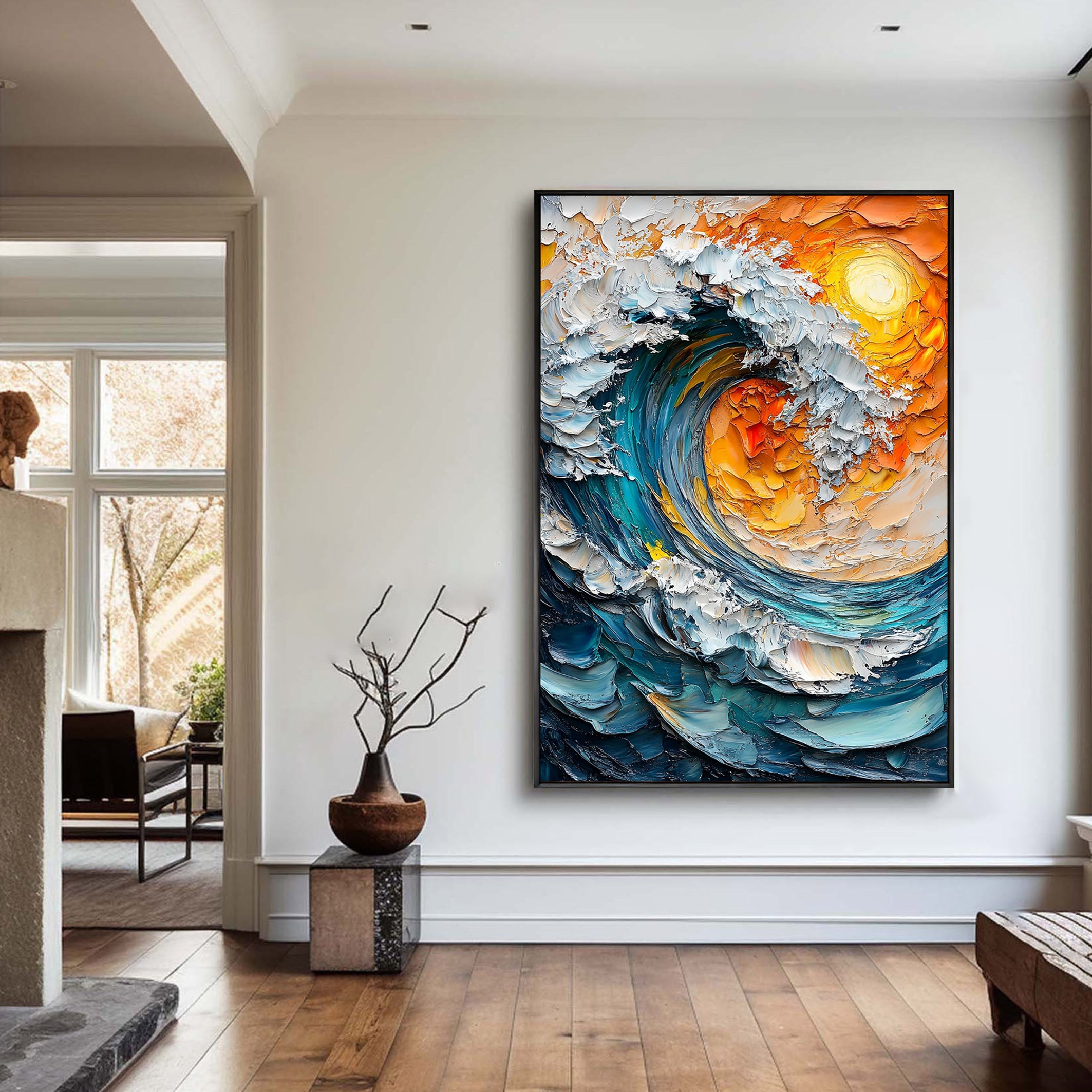 Solar Wave – Hand-Painted Sunset Orange and Teal Blue 3D Palette Knife Nature Painting | Modern Abstract Living Room & Office Art