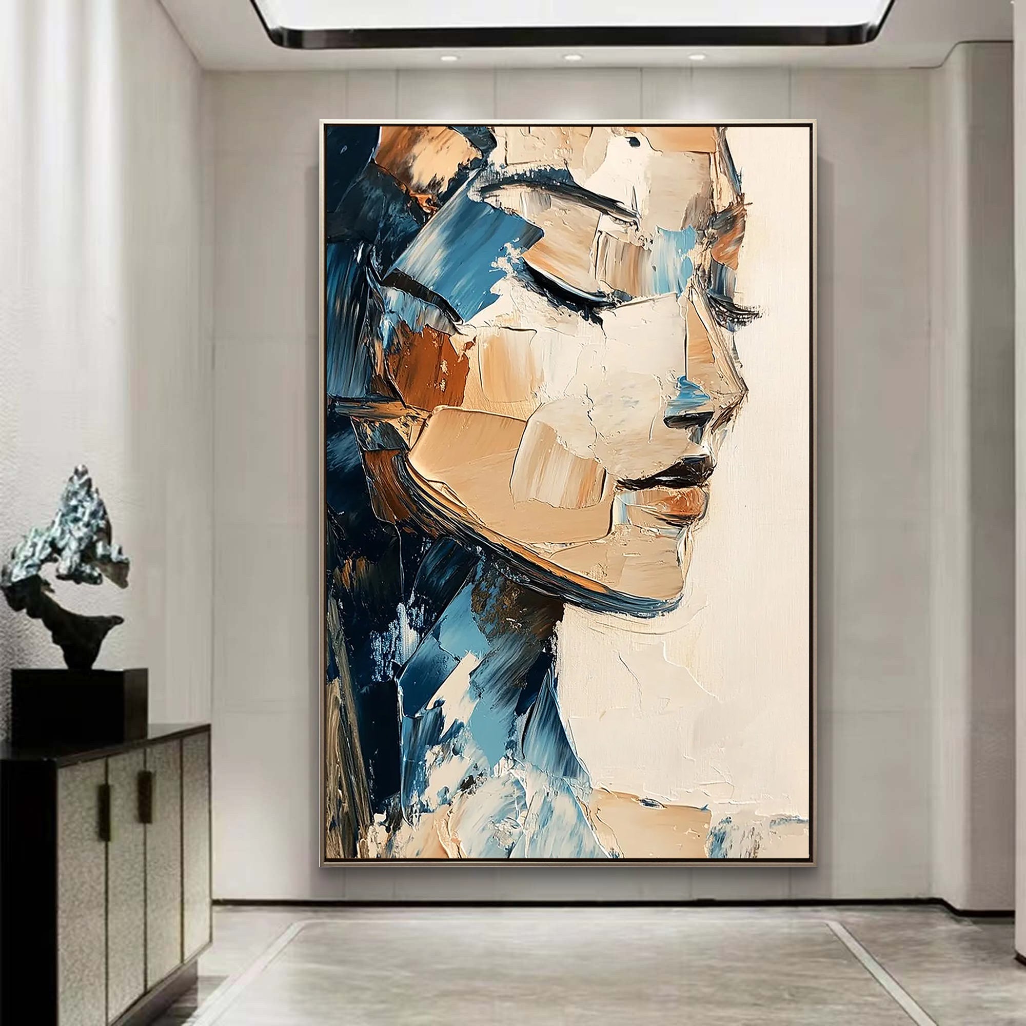 Serene Contemplation – Abstract Woman Face Impasto Palette Knife Hand-Painted Oil Portrait Painting | Contemporary Expressionist Living Room & Office Art