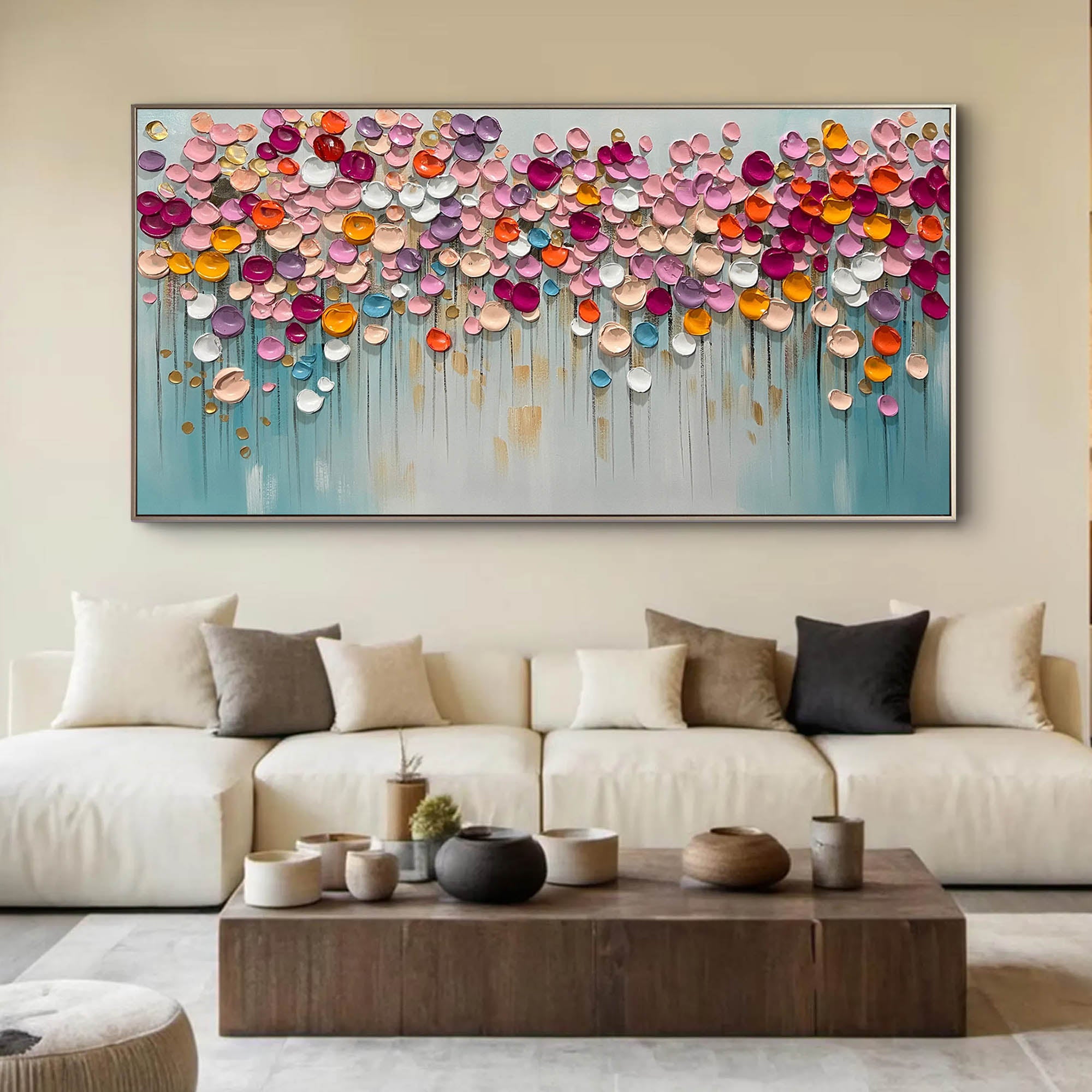 Candy Bloom – Vibrant Mosaic Petal Relief Floral Painting | Vibrant Botanical Living Room & Dining Room Art