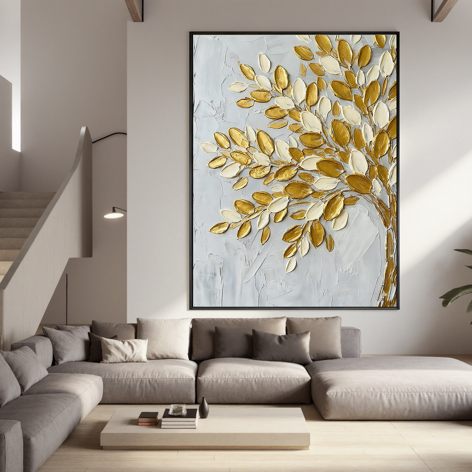 Gilded Prosperity – Modern Metallic Botanical Painting | Impasto Gold Leaf Tree Canvas Living Room Art