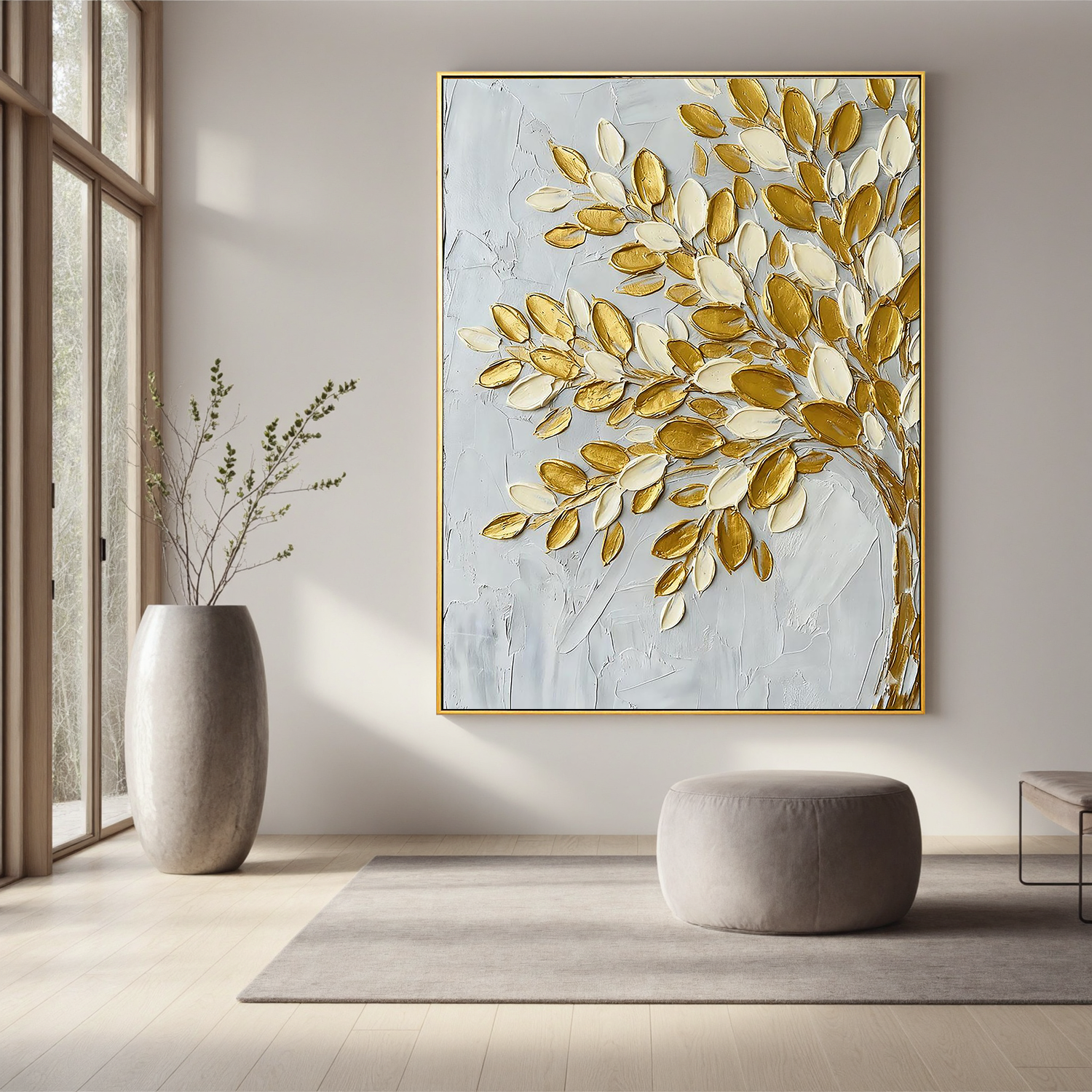 Gilded Prosperity – Modern Metallic Botanical Painting | Impasto Gold Leaf Tree Canvas Living Room Art