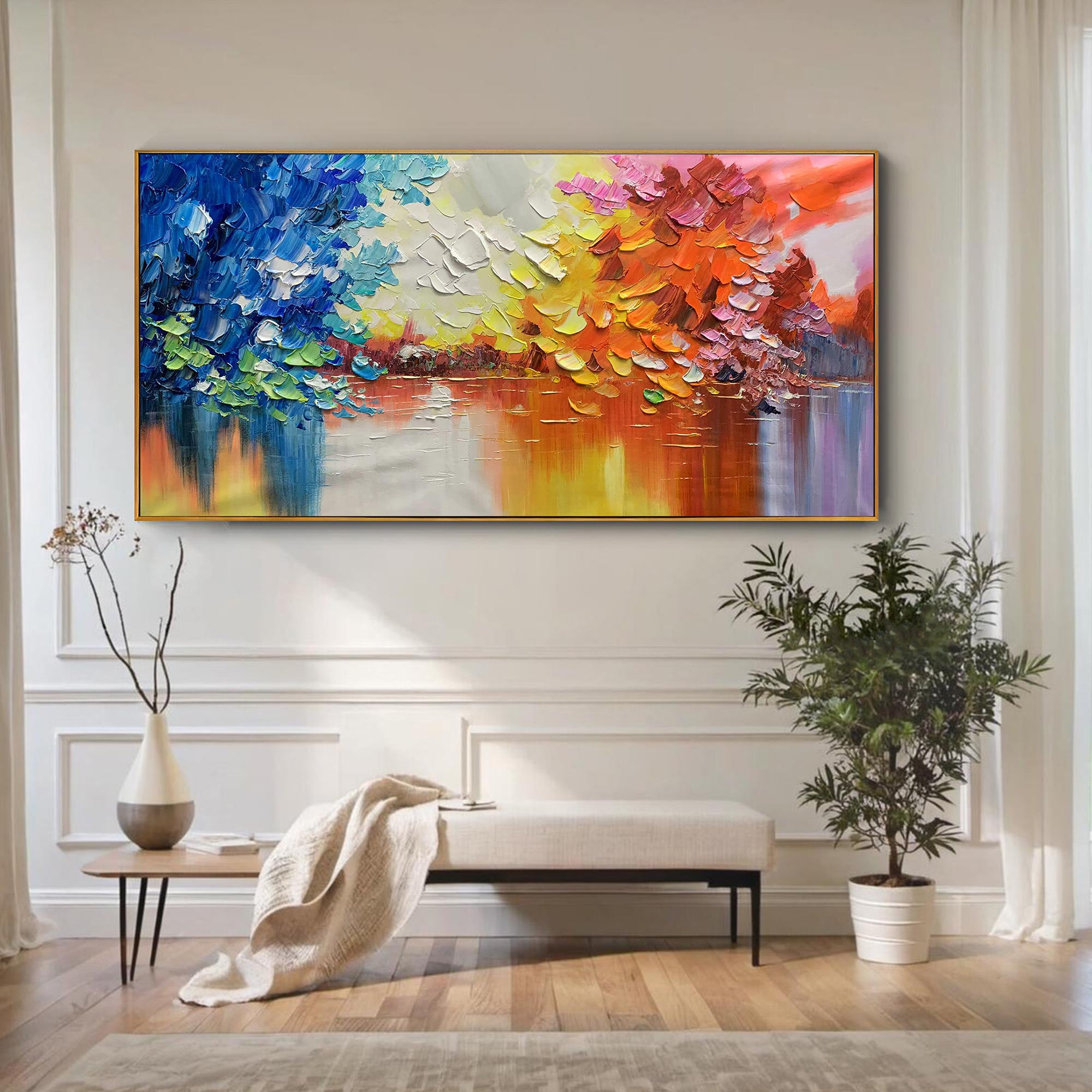 Spectrum Harbor – Hand-Painted Impressionist Multicolored Palette Knife Impasto Oil Abstract Painting | Bold Abstract Palette Knife Living Room Art