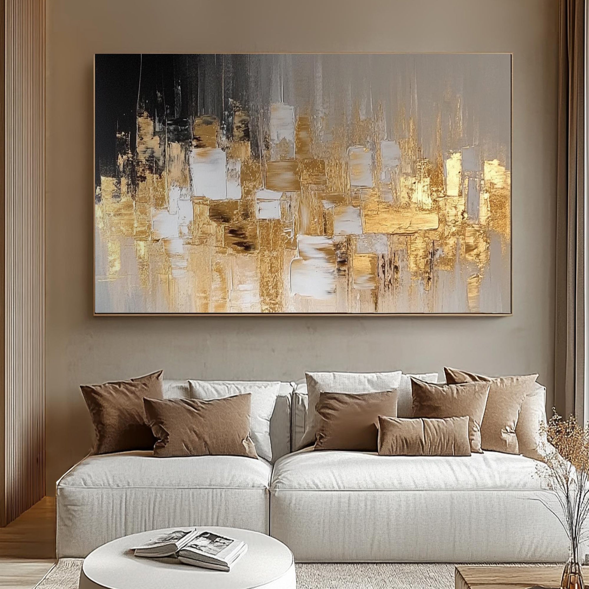 Golden Skyline – Luxury Abstract Urban Landscape Painting | Large Horizontal Impasto Living Room Art