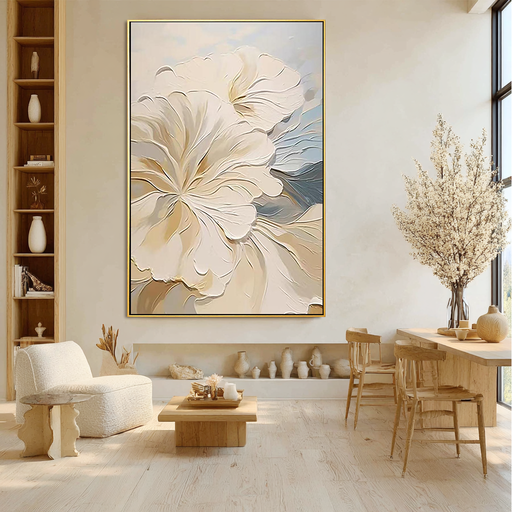 Serenade in Bloom – Modern French Cream Textured Painting | Romantic Blue & Beige Floral Bedroom Art