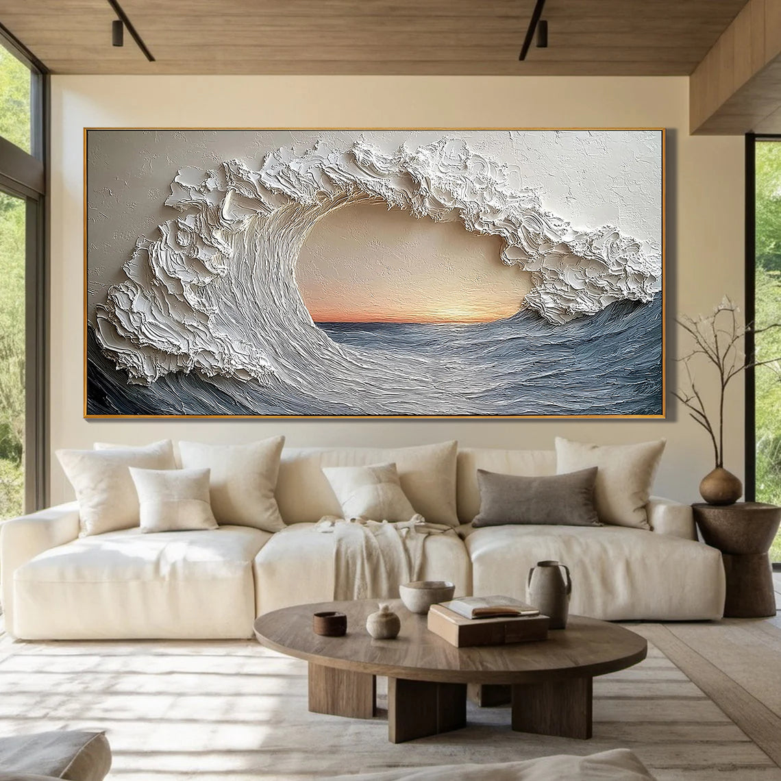 The Ocean Eye – Modern Luxury Crashing Wave Textured Painting | Panoramic Impasto Living Room Art