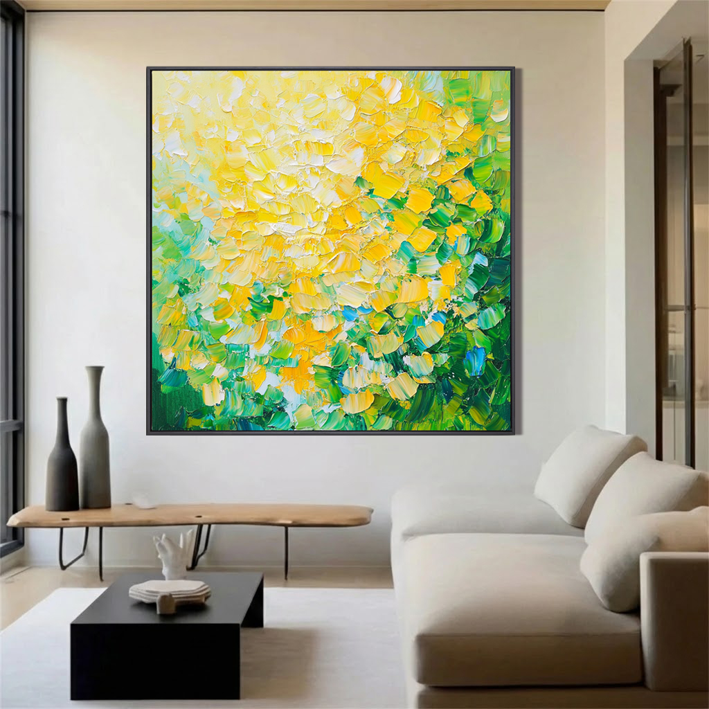 Mint Sunlight – Green & Yellow Palette Knife Relief Abstract Painting | Modern Abstract Living Room & Office Art