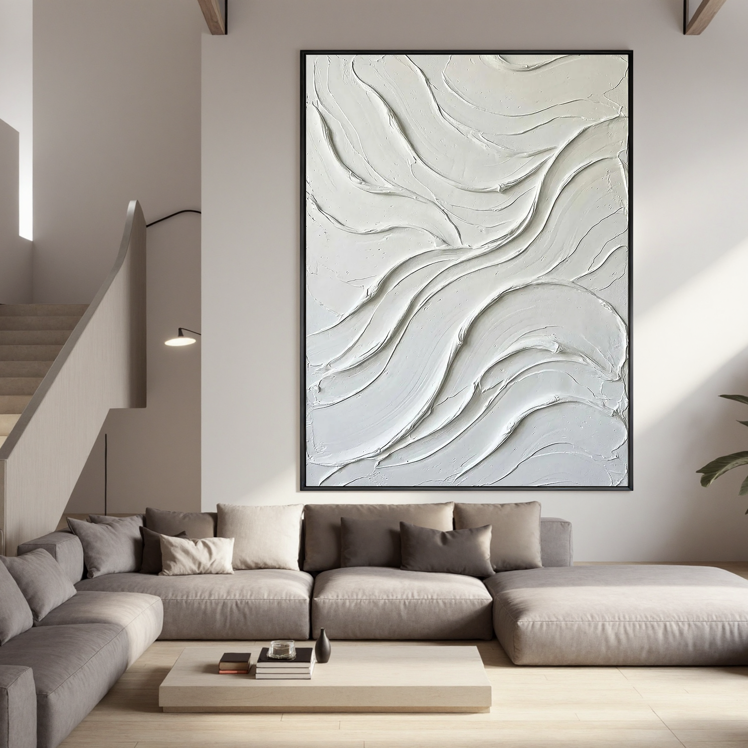 Fluid Harmony – Minimalist Wave Textured Painting | Modern Cream Style Plaster Line Bedroom Art